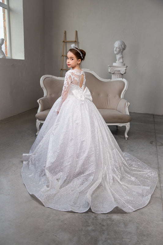 White Glitter First Communion Dress: Handmade Tulle Gown with glitter skirt and laced bodice