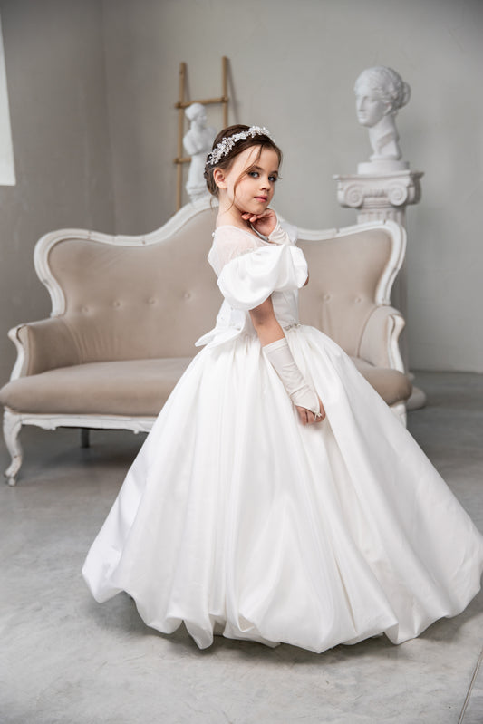 White Satin First Communion Dress: Handmade Satin Gown with puffy skirt and detachable gloves