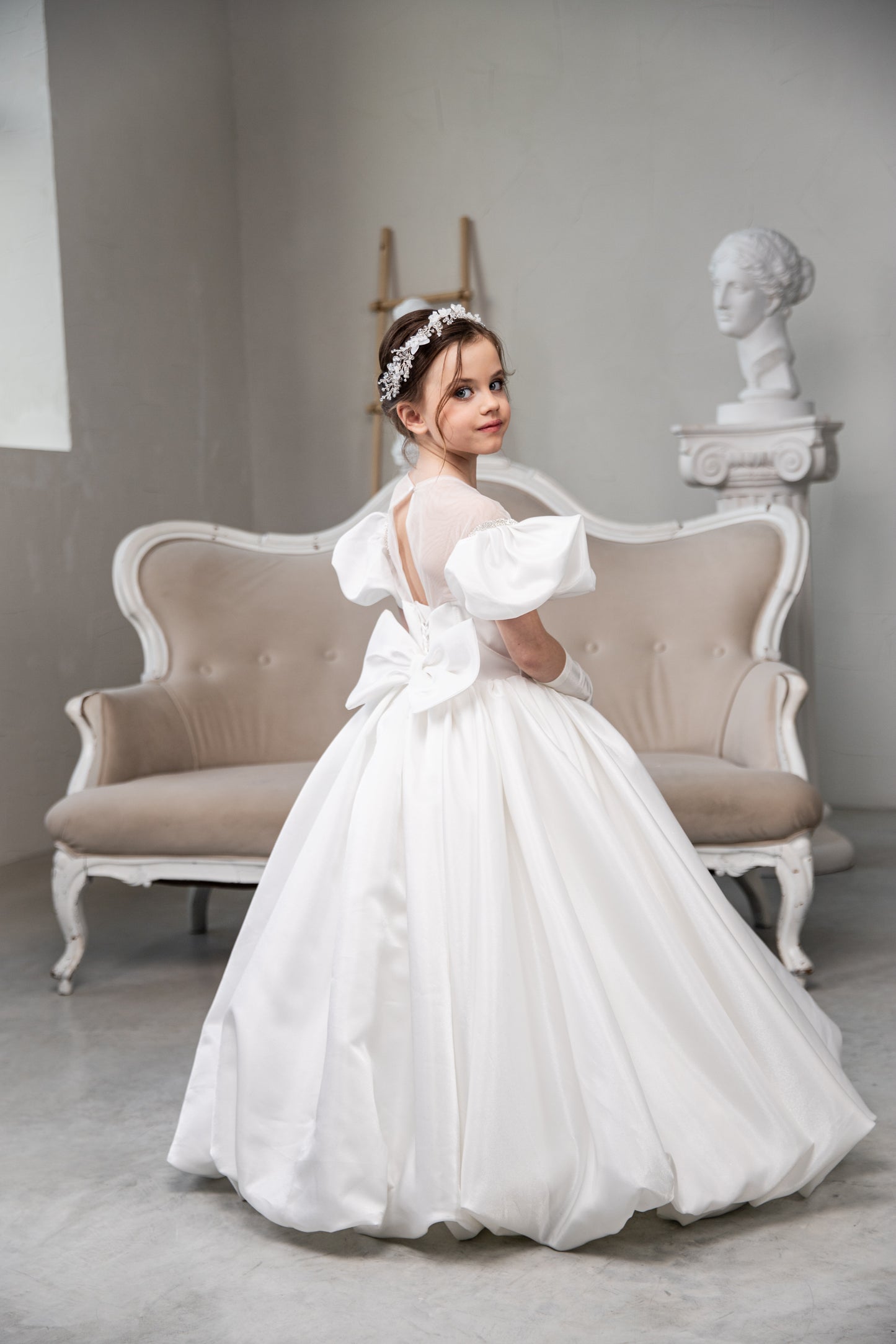 White Satin First Communion Dress: Handmade Satin Gown with puffy skirt and detachable gloves