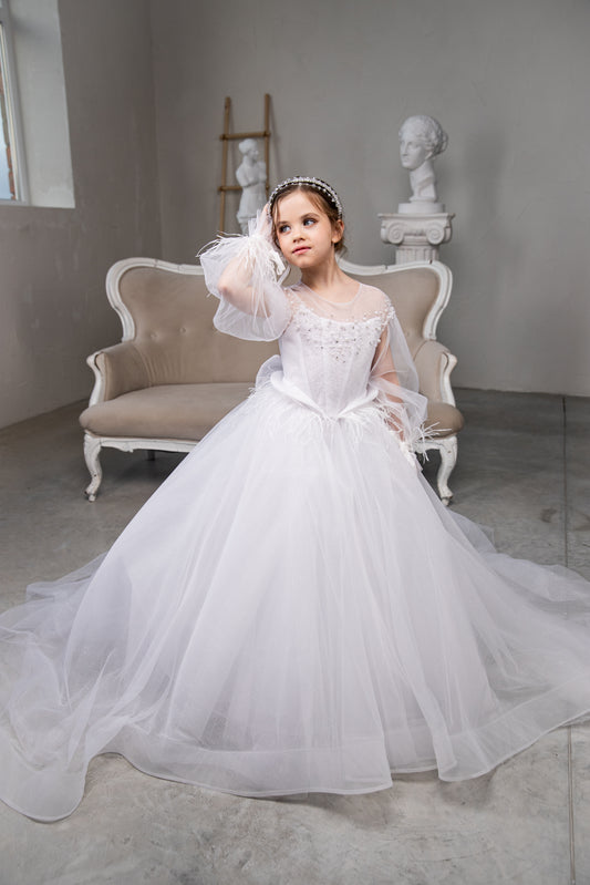 White Pearl Lased First Communion Dress: Handmade Lace Gown with puffy sleeves and train