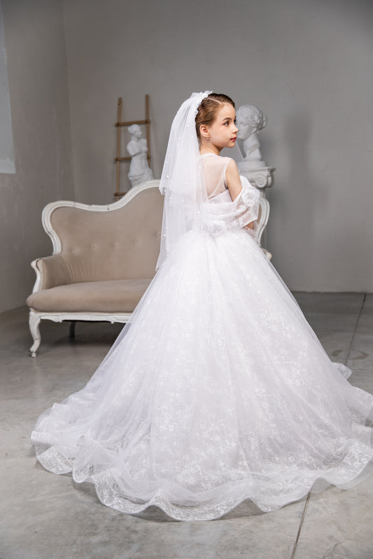 White Laced First Communion Dress: Lace Gown with gloves and matching veil