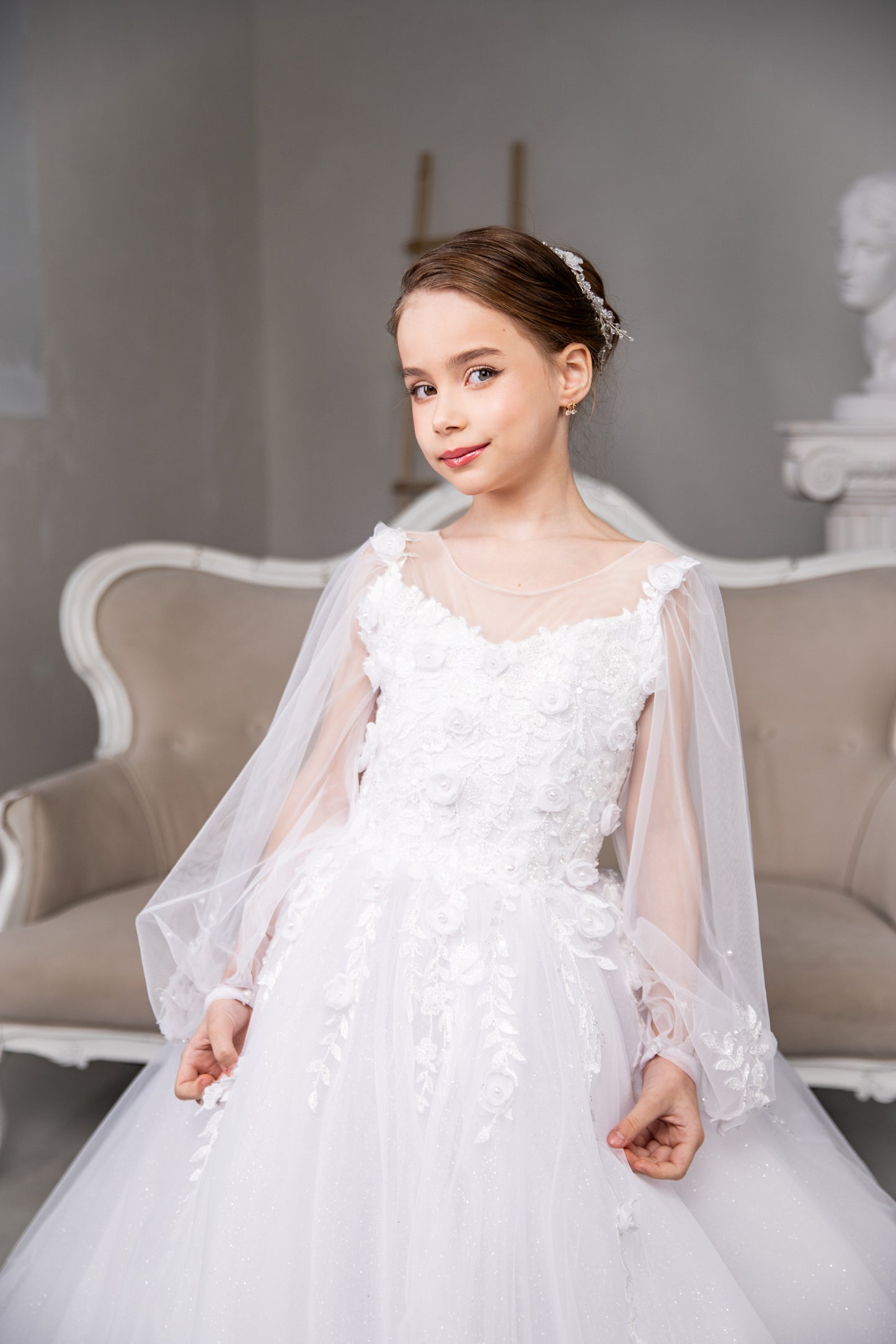 White Lased First Communion Dress: Handmade Lace Gown with puffy sleeves and tulle train