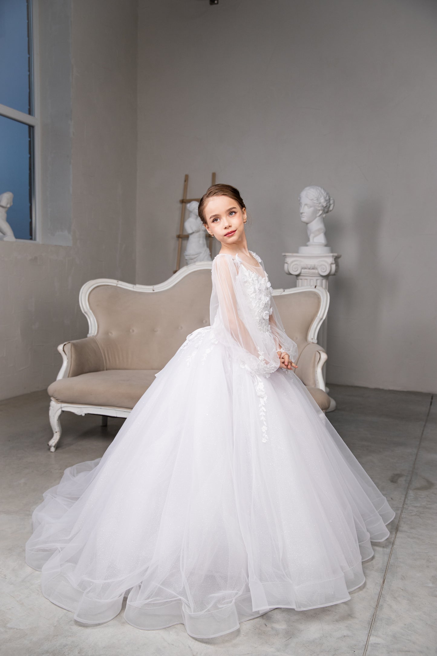 White Lased First Communion Dress: Handmade Lace Gown with puffy sleeves and tulle train