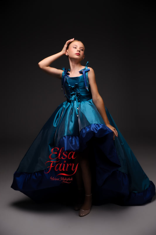 Royal Blue couture cocktail dress with train, Pageant interview gown, Birthday Girl Dress, Wedding Guest Outfit