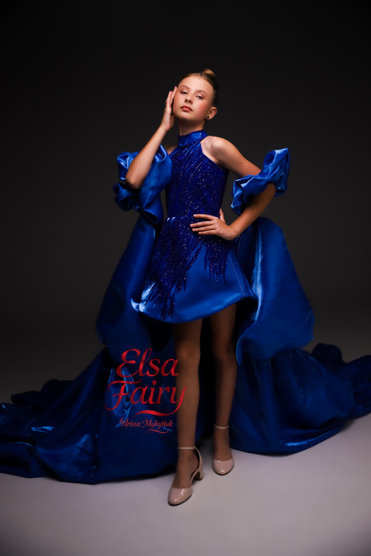 Royal Blue couture cocktail dress with cape, Pageant interview gown, Birthday Girl Dress