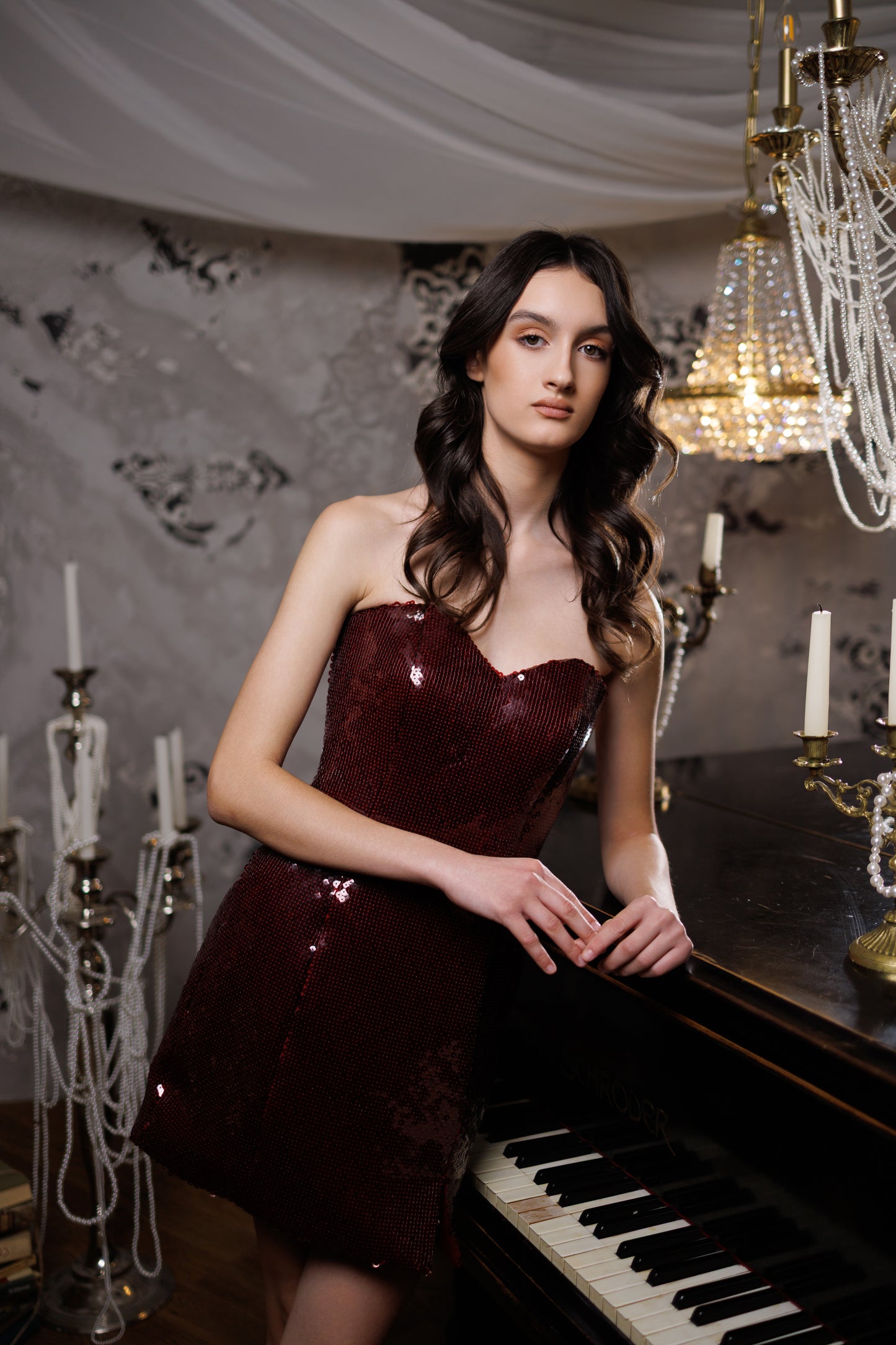 Burgundy Sequins Cocktail Gown, Prom Dress, Wedding guest Dress, Pageant Interview Dress