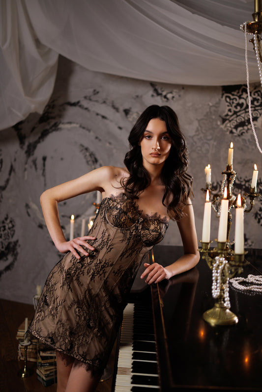 💫Black Nude Floral Lace Cocktail Corset Gown, Elegant Occasion Dress, Bridesmaid Outfit for Wedding Party