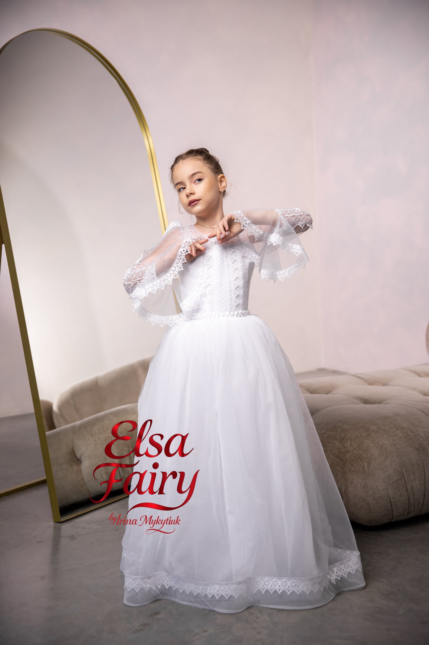 White First Communion Dress: Handmade Baptism Gown with tulle skirt and laced sleeves