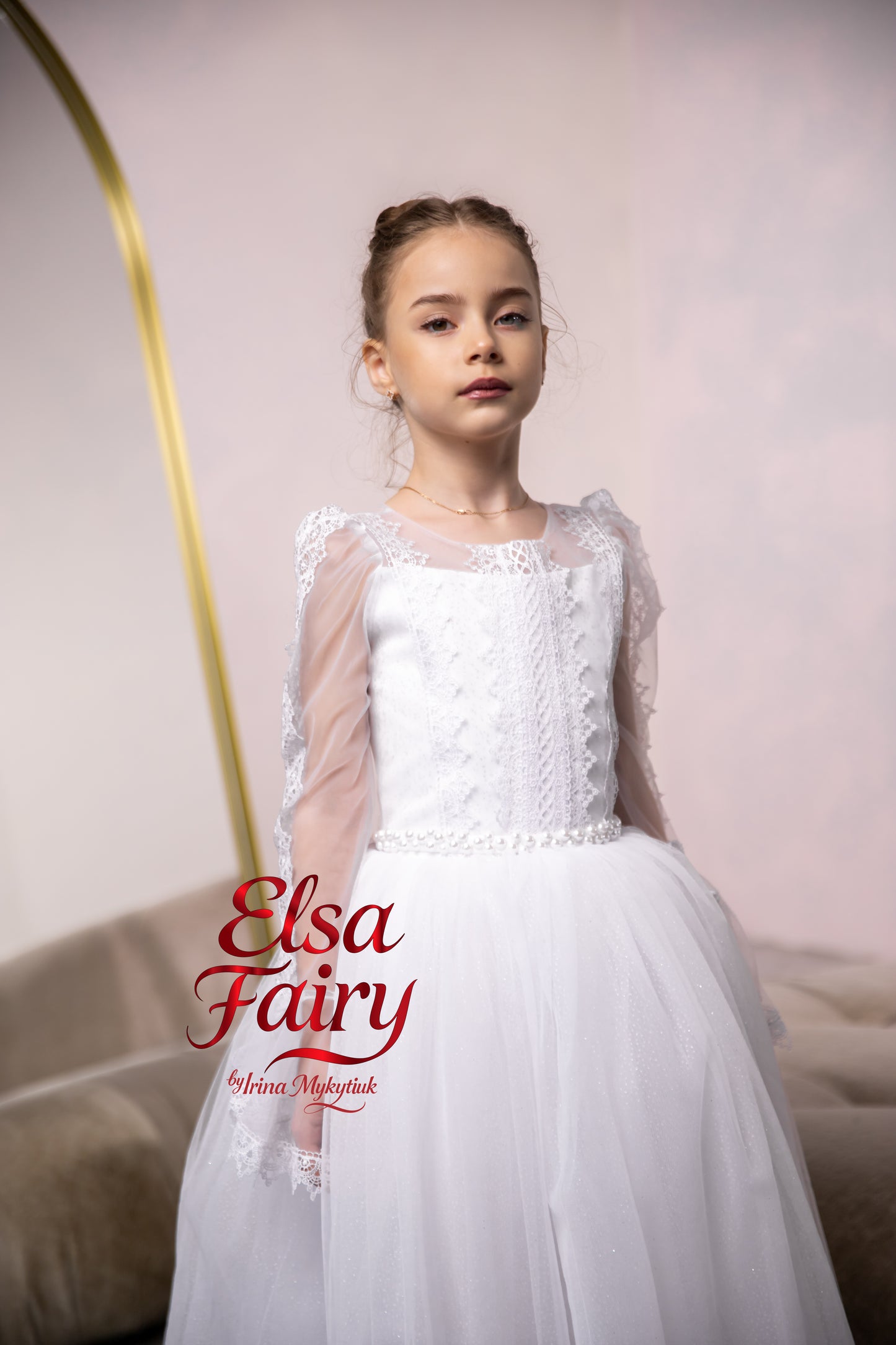 White First Communion Dress: Handmade Baptism Gown with tulle skirt and laced sleeves