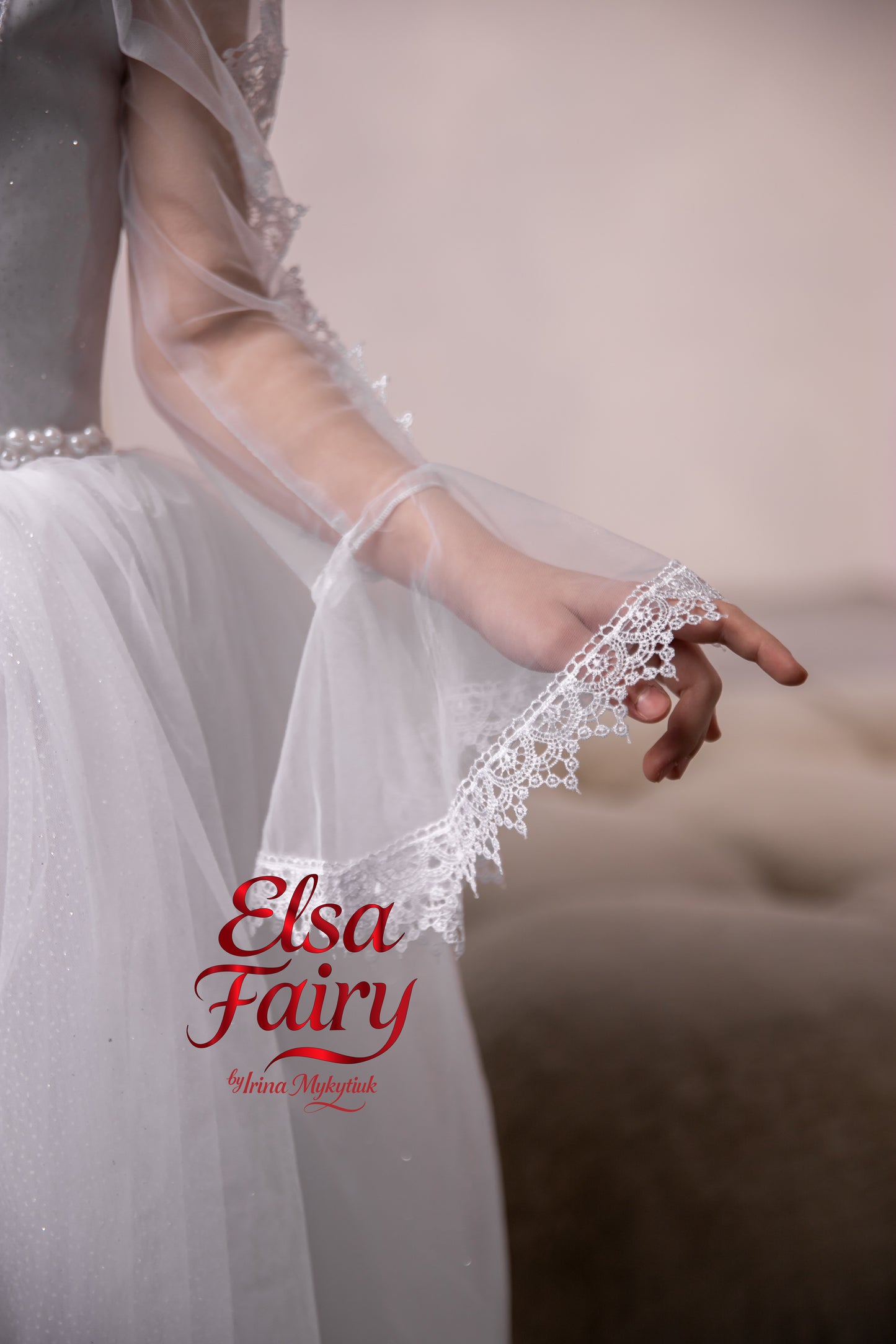 White First Communion Dress: Handmade Baptism Gown with tulle skirt and laced sleeves