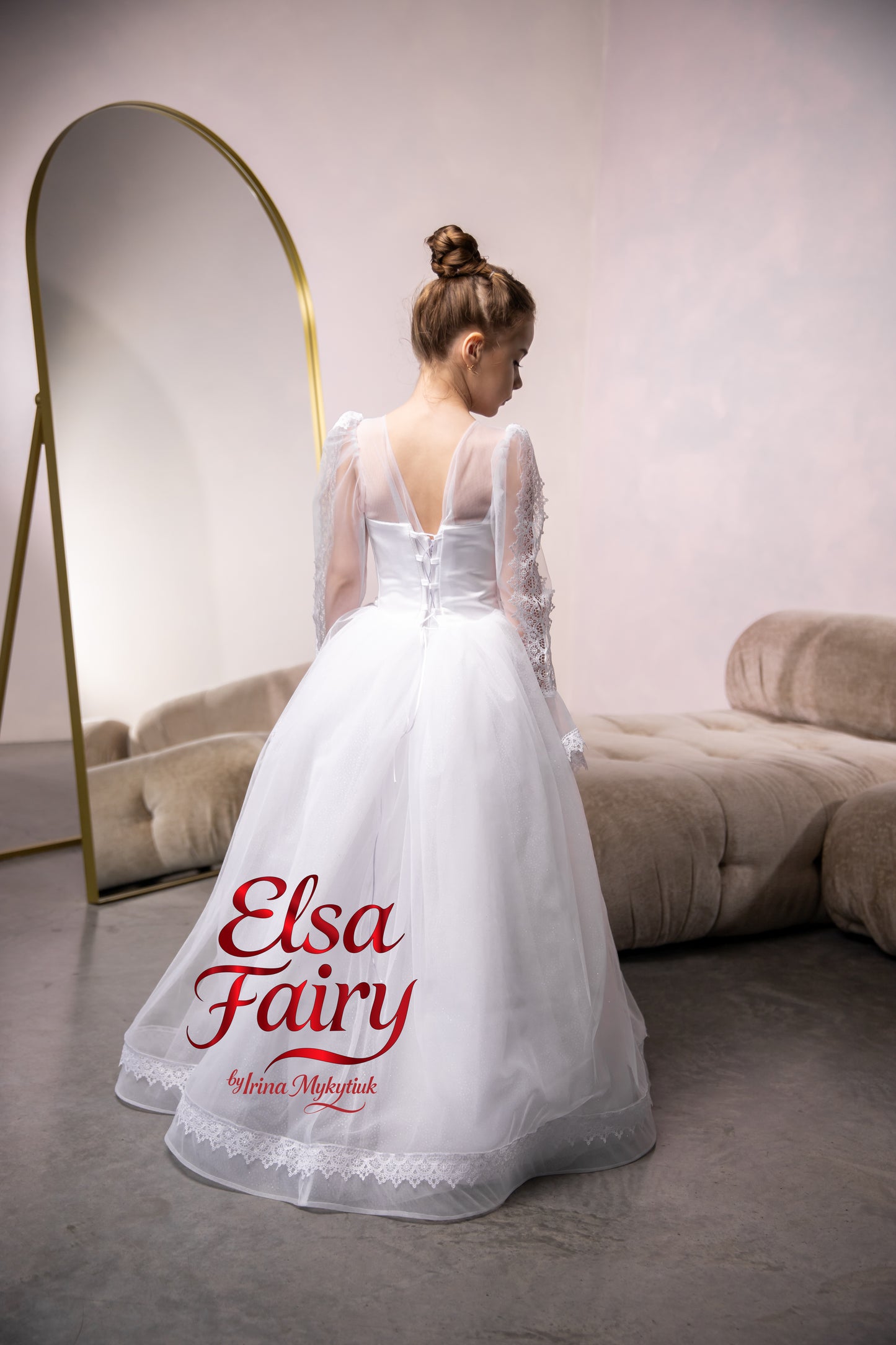 White First Communion Dress: Handmade Baptism Gown with tulle skirt and laced sleeves