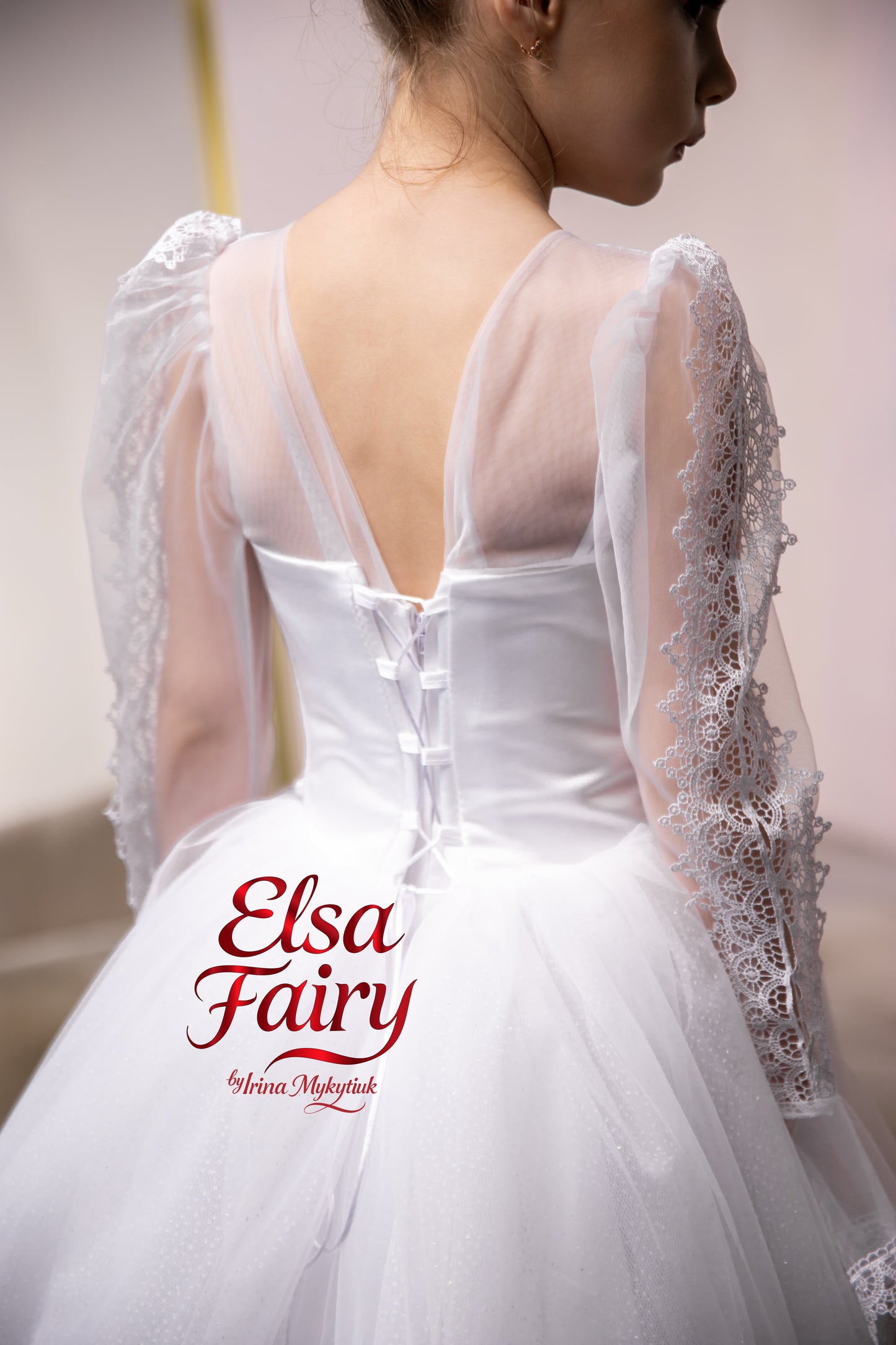 White First Communion Dress: Handmade Baptism Gown with tulle skirt and laced sleeves