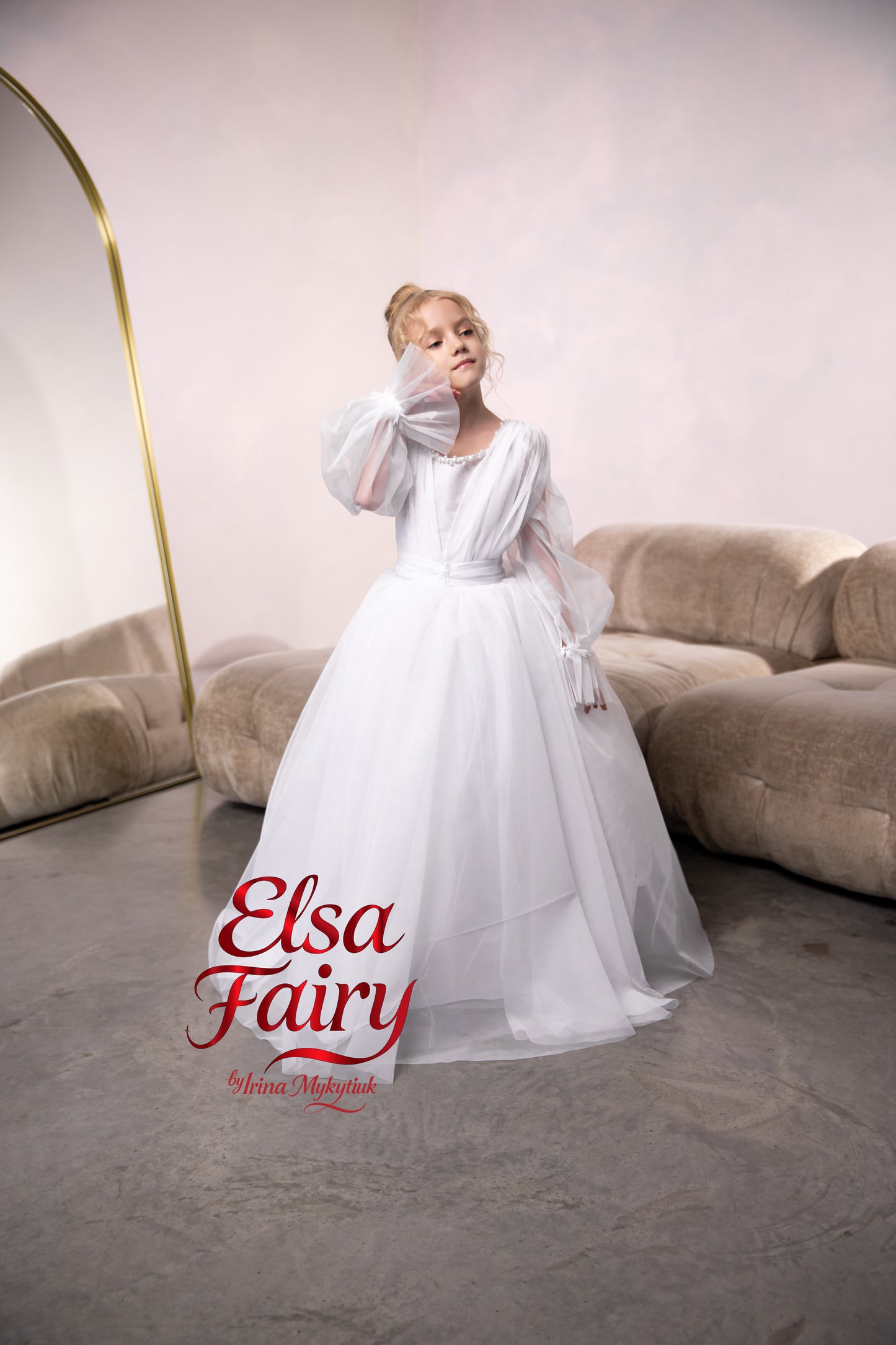 White First Communion Dress: Handmade Baptism Gown with tulle skirt and puffy sleeves
