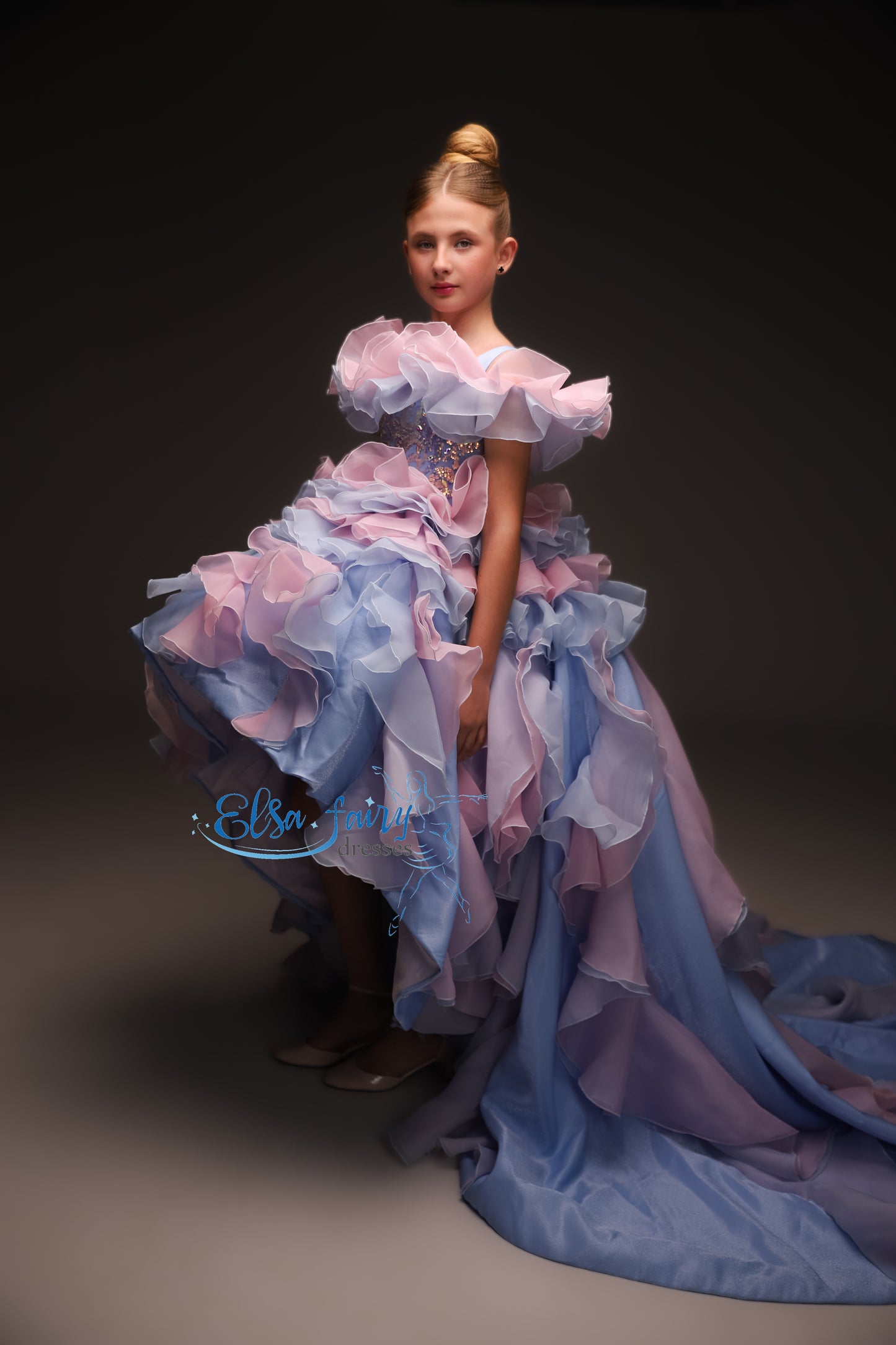 Pink Blue couture special occasion dress, Pageant ball gown, Birthday Girl Dress, Flower Girl Dress, Wedding guest Dress, junior bridesmaid gown