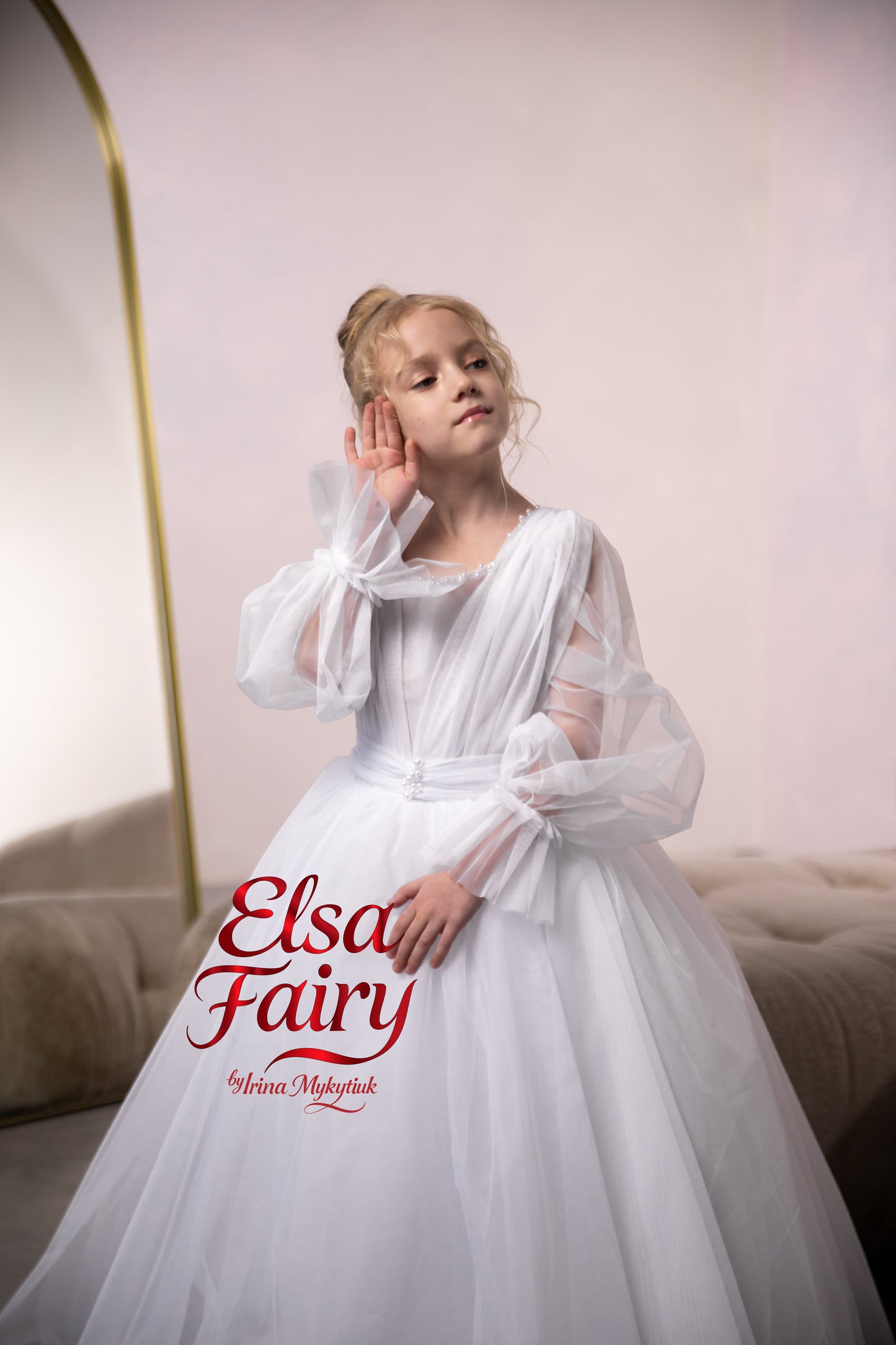 White First Communion Dress: Handmade Baptism Gown with tulle skirt and puffy sleeves
