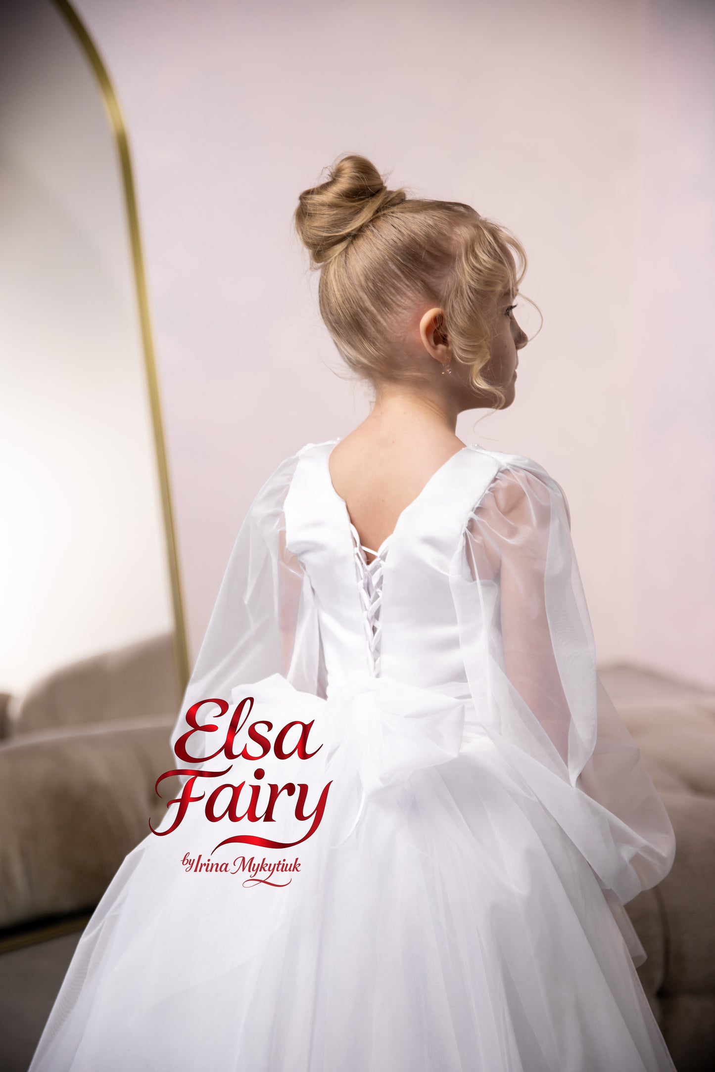 White First Communion Dress: Handmade Baptism Gown with tulle skirt and puffy sleeves