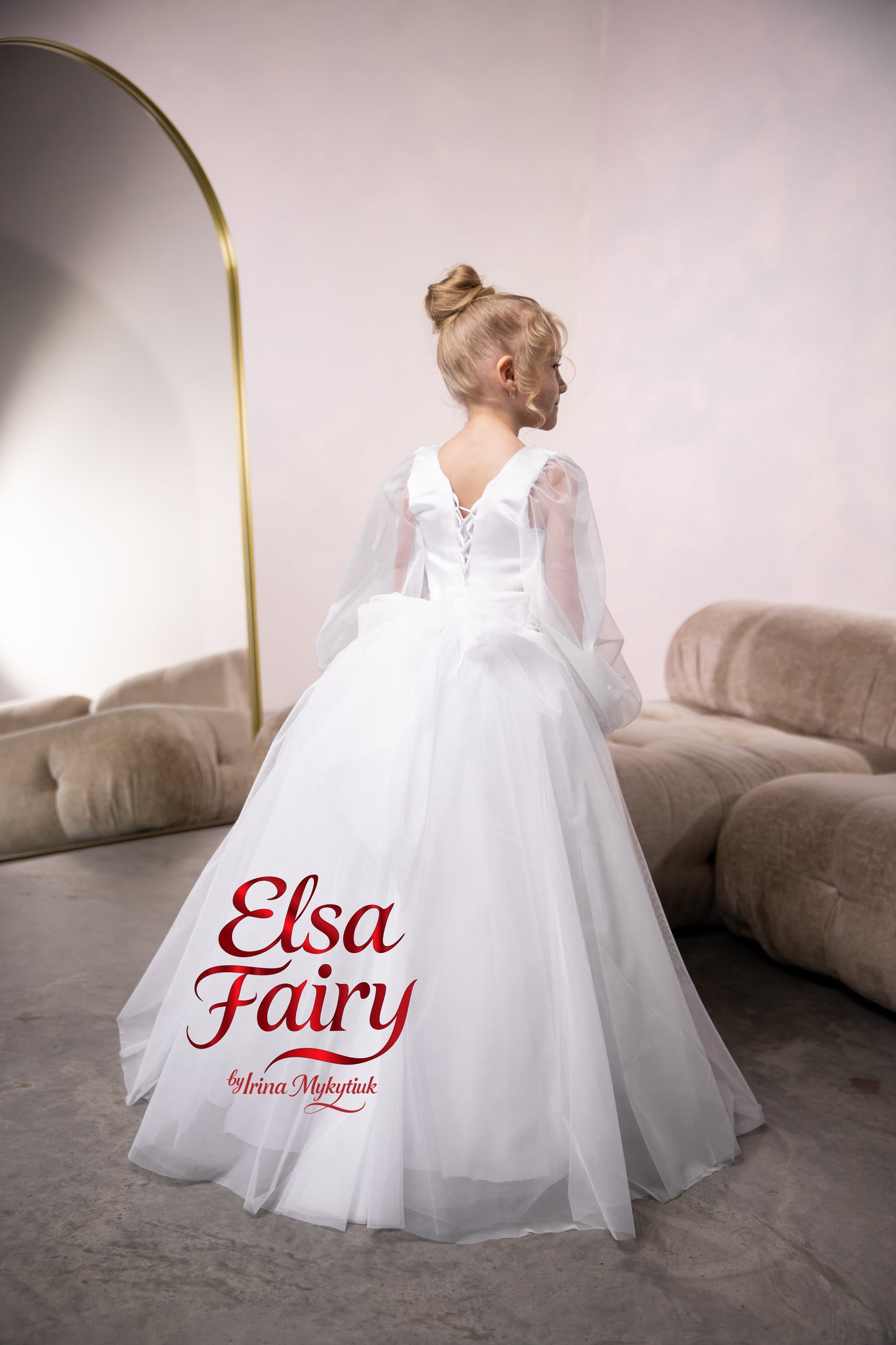 White First Communion Dress: Handmade Baptism Gown with tulle skirt and puffy sleeves
