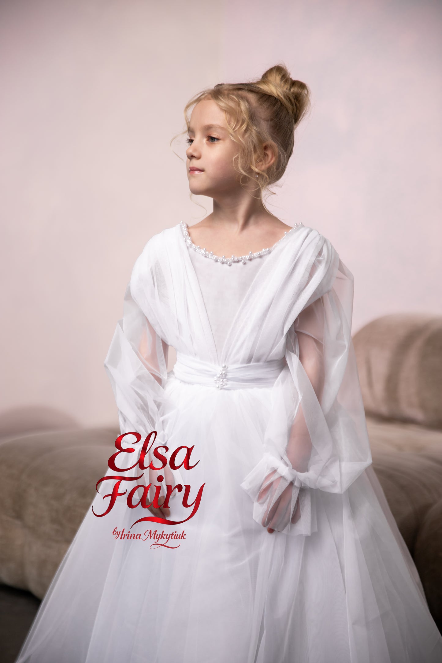 White First Communion Dress: Handmade Baptism Gown with tulle skirt and puffy sleeves