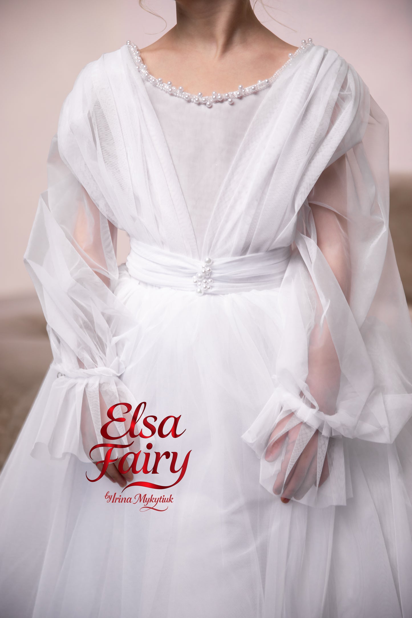 White First Communion Dress: Handmade Baptism Gown with tulle skirt and puffy sleeves