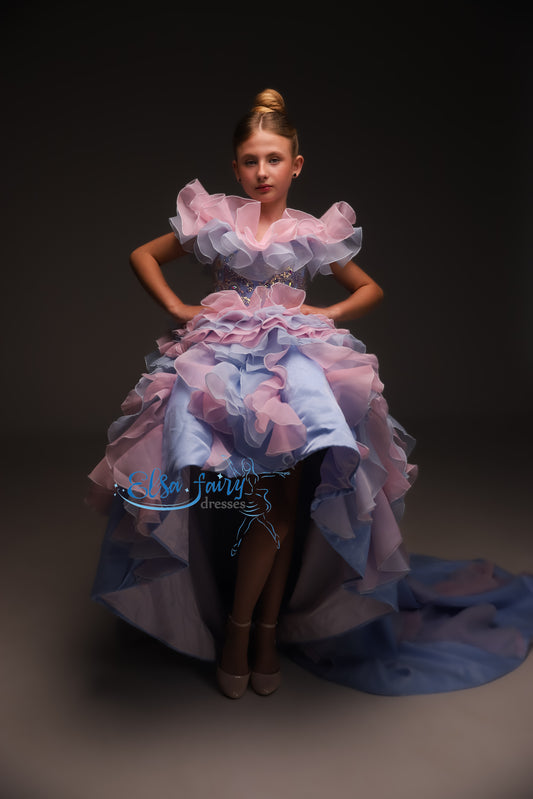 Pink Blue couture special occasion dress, Pageant ball gown, Birthday Girl Dress, Flower Girl Dress, Wedding guest Dress, junior bridesmaid gown