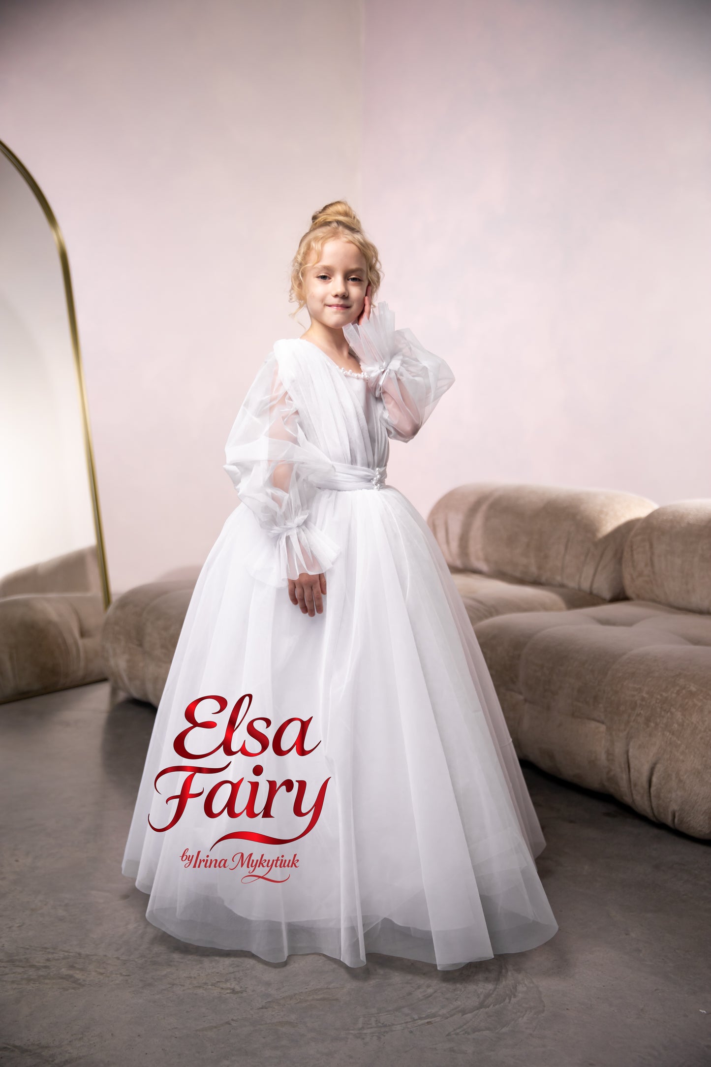 White First Communion Dress: Handmade Baptism Gown with tulle skirt and puffy sleeves