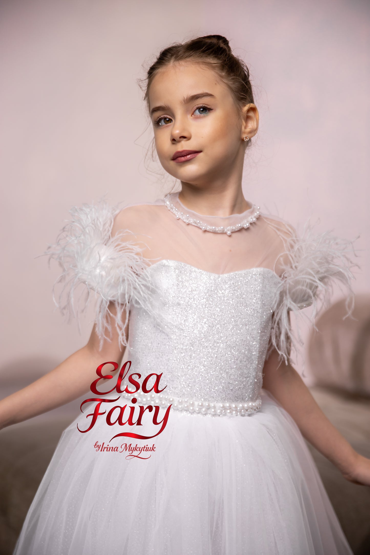 White First Communion Dress: Handmade Baptism Gown with tulle skirt and feathered sleeves