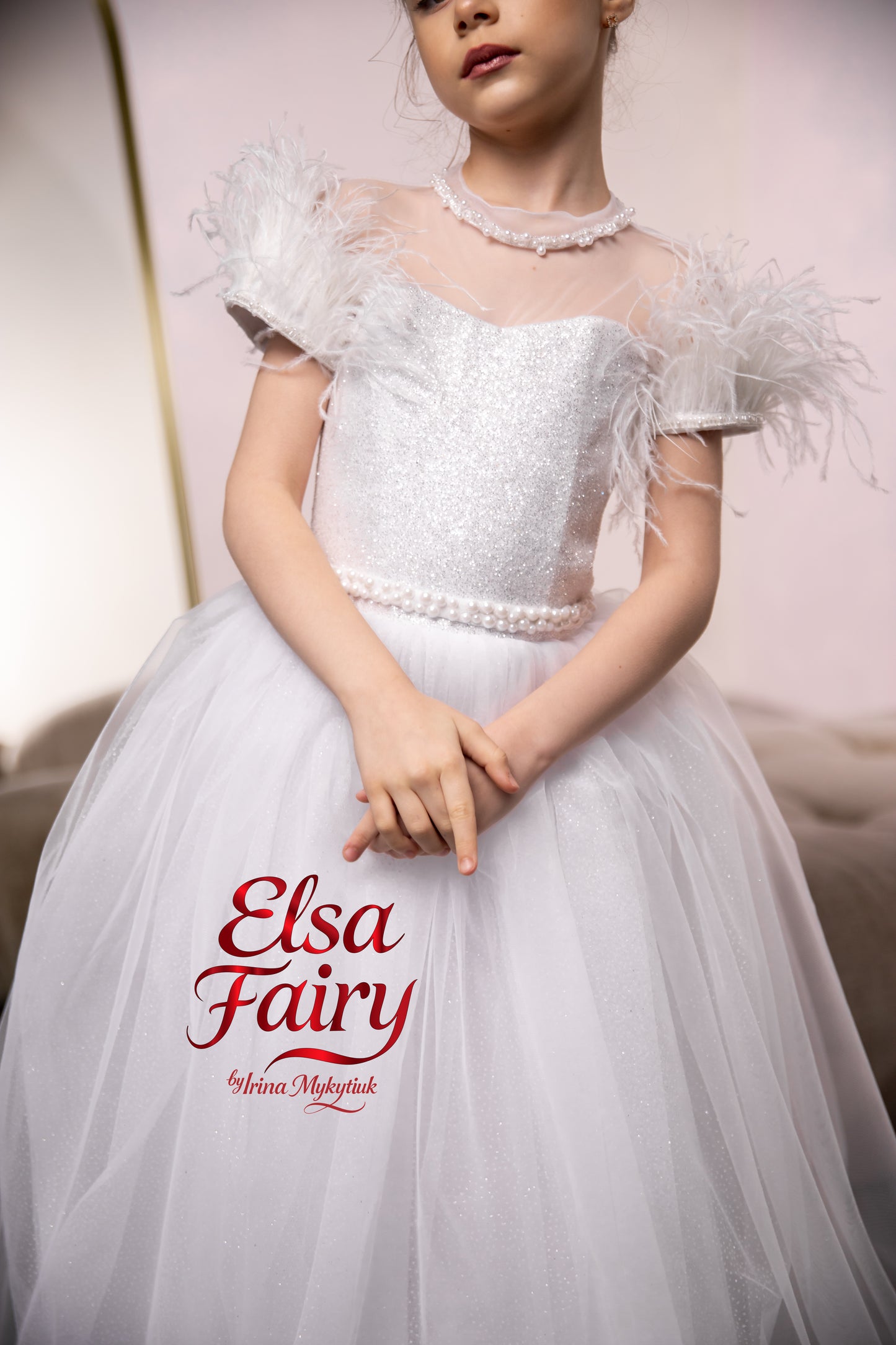 White First Communion Dress: Handmade Baptism Gown with tulle skirt and feathered sleeves