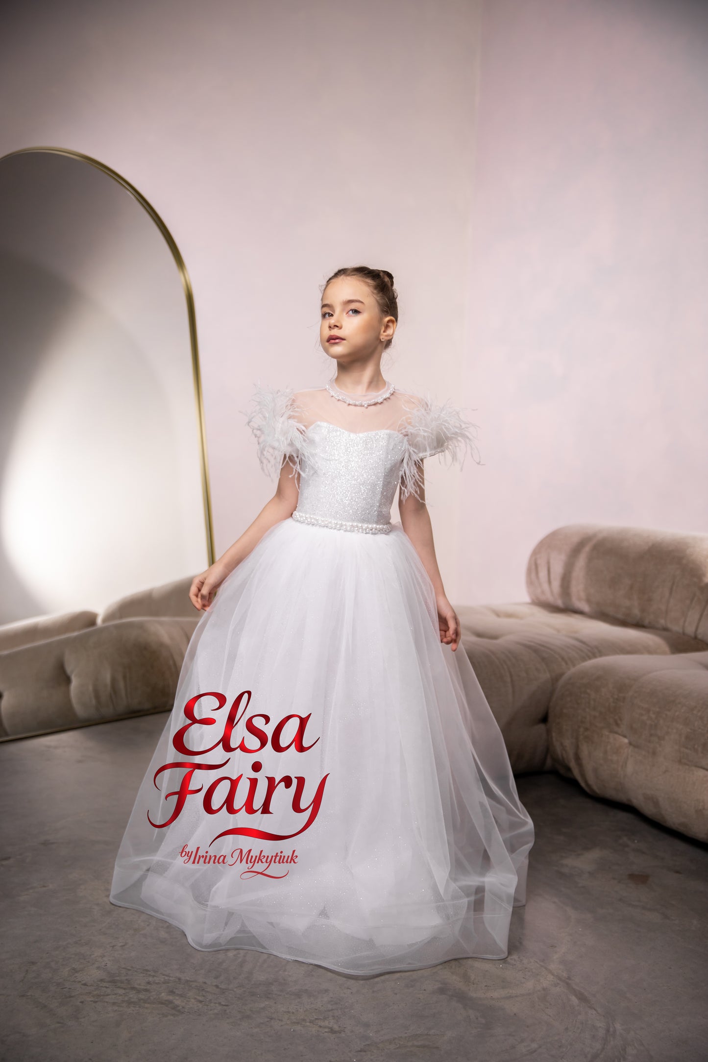 White First Communion Dress: Handmade Baptism Gown with tulle skirt and feathered sleeves