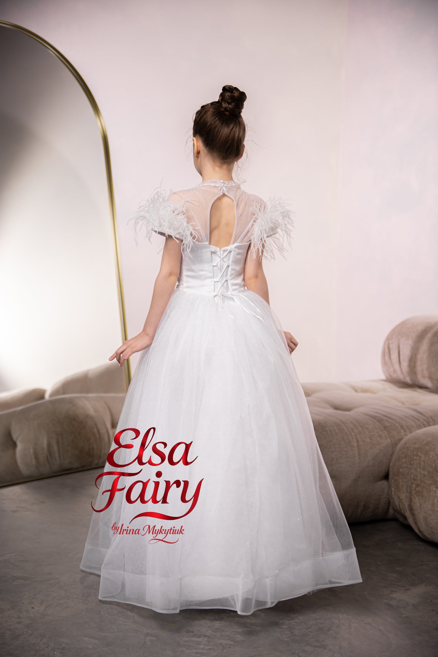 White First Communion Dress: Handmade Baptism Gown with tulle skirt and feathered sleeves