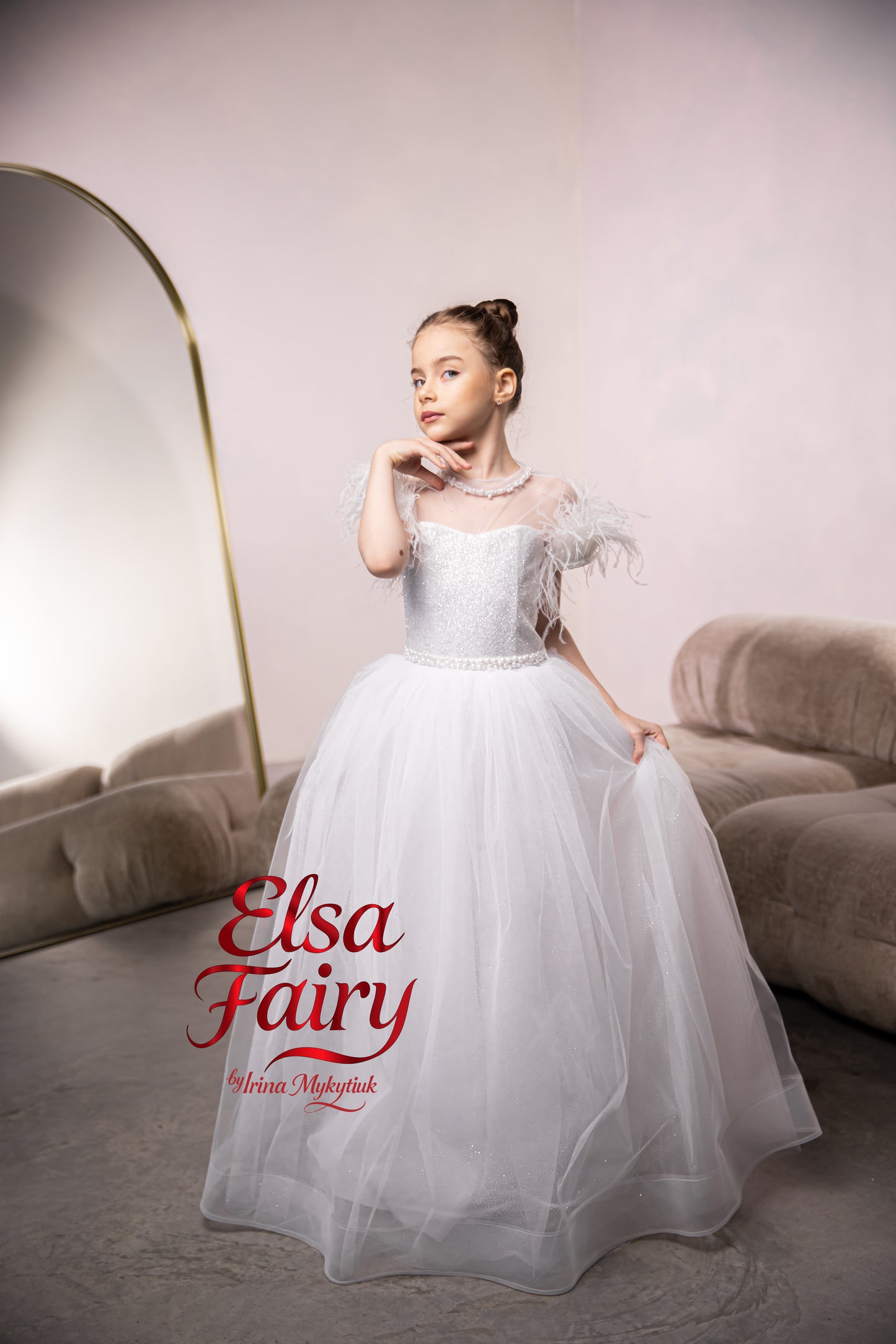 White First Communion Dress: Handmade Baptism Gown with tulle skirt and feathered sleeves