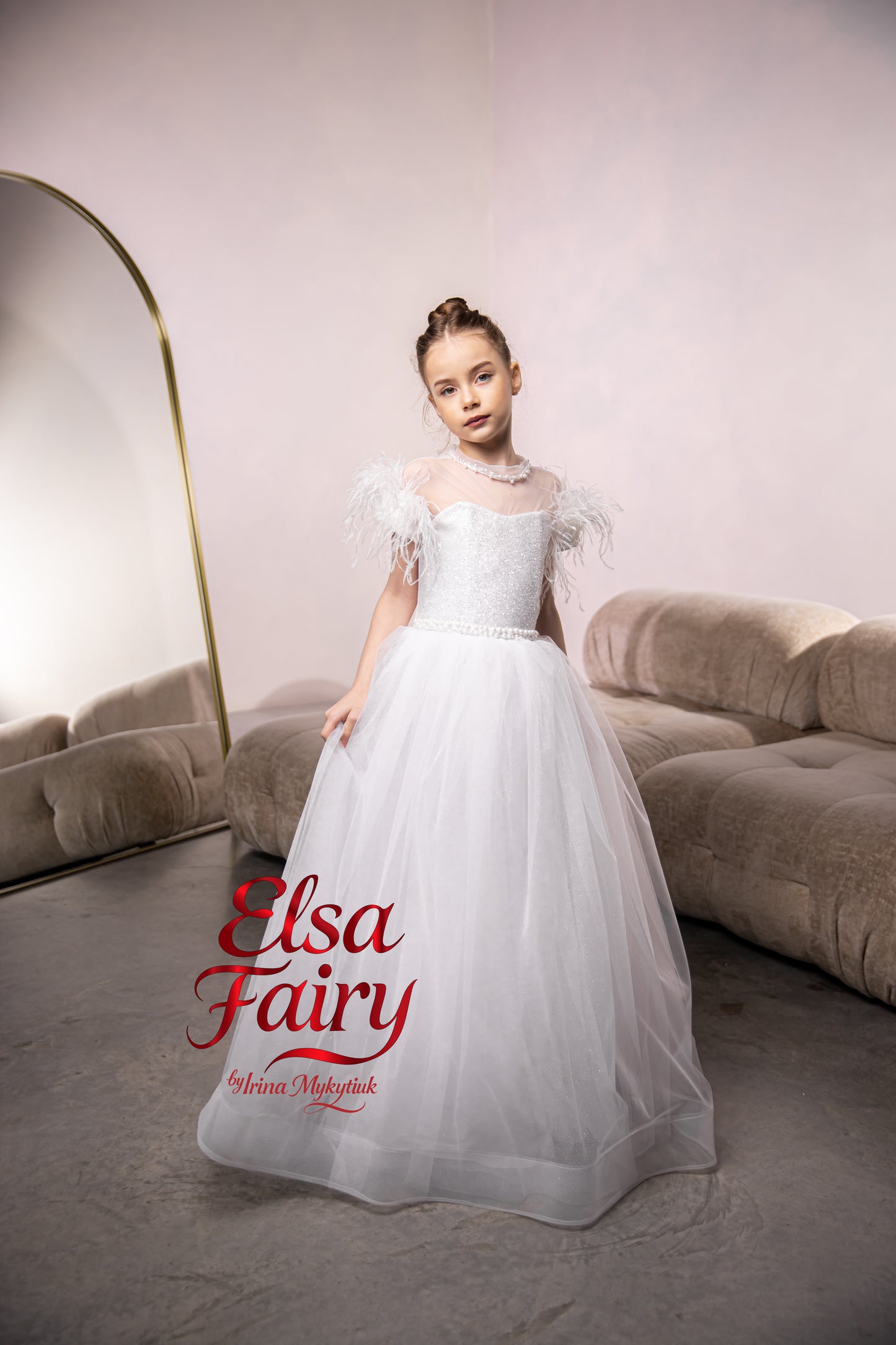 White First Communion Dress: Handmade Baptism Gown with tulle skirt and feathered sleeves