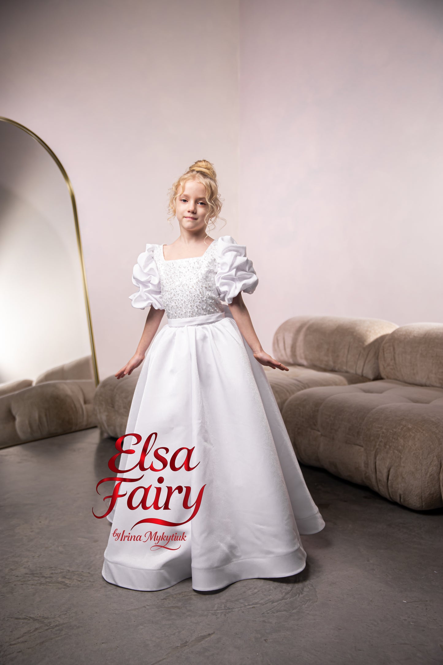 White Satin First Communion Dress: Handmade Baptism Gown with satin skirt and laced bodice