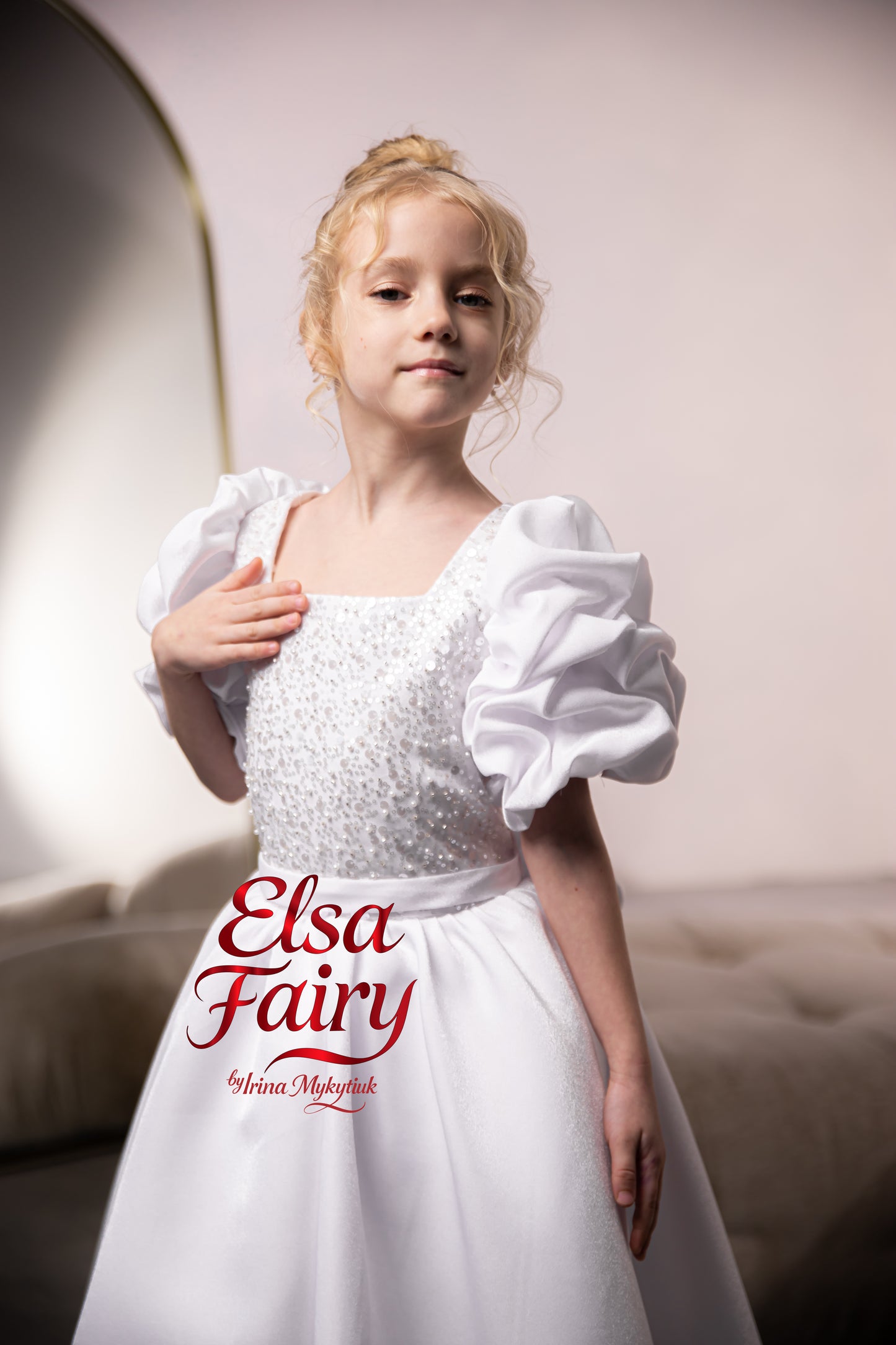 White Satin First Communion Dress: Handmade Baptism Gown with satin skirt and laced bodice