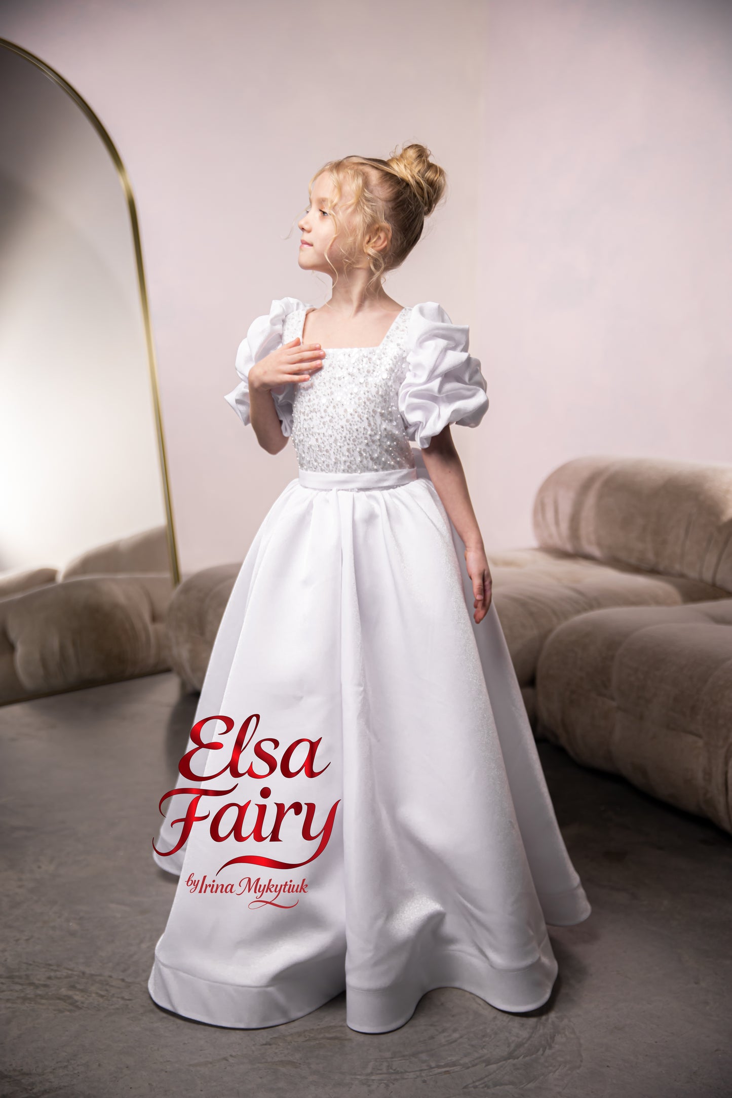 White Satin First Communion Dress: Handmade Baptism Gown with satin skirt and laced bodice