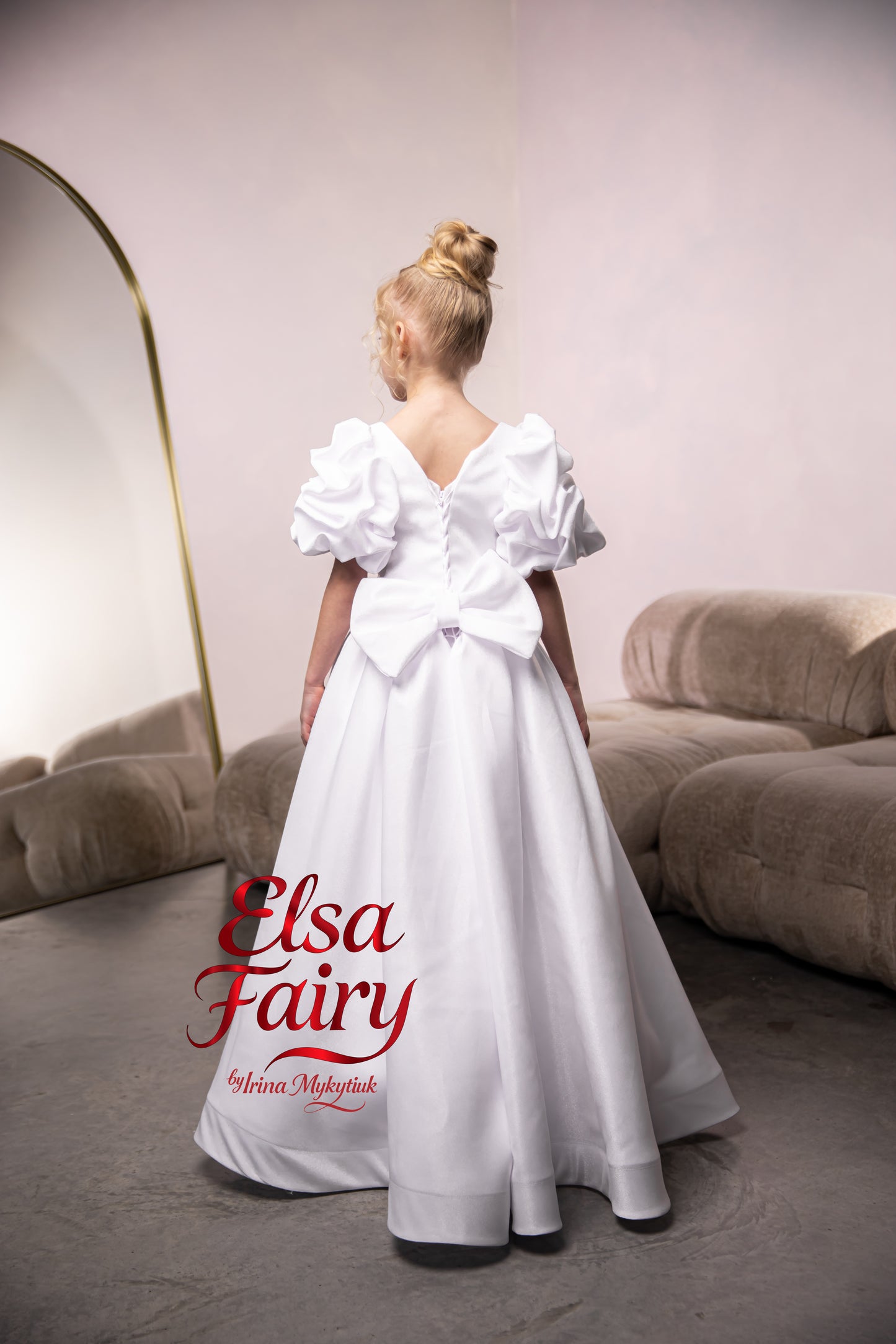 White Satin First Communion Dress: Handmade Baptism Gown with satin skirt and laced bodice