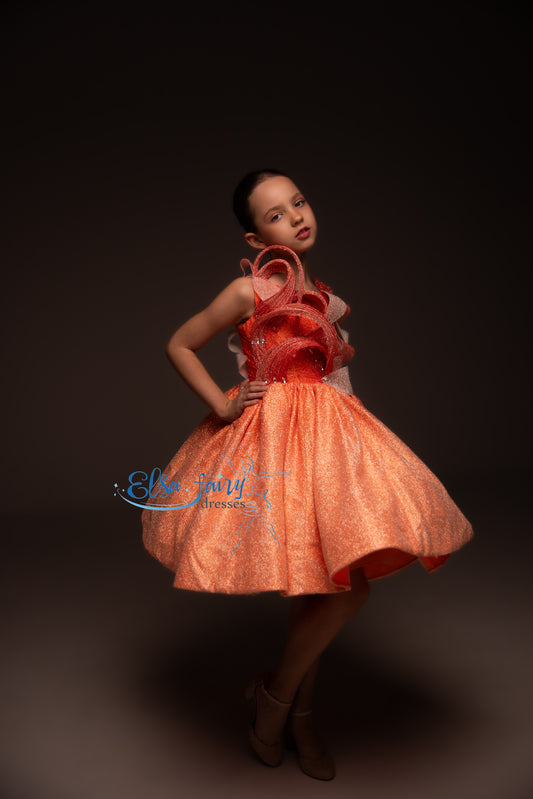 Orange couture special occasion cocktail dress, Pageant ball gown, Birthday Girl Dress, Flower Girl Dress, Wedding guest Dress, junior bridesmaid gown