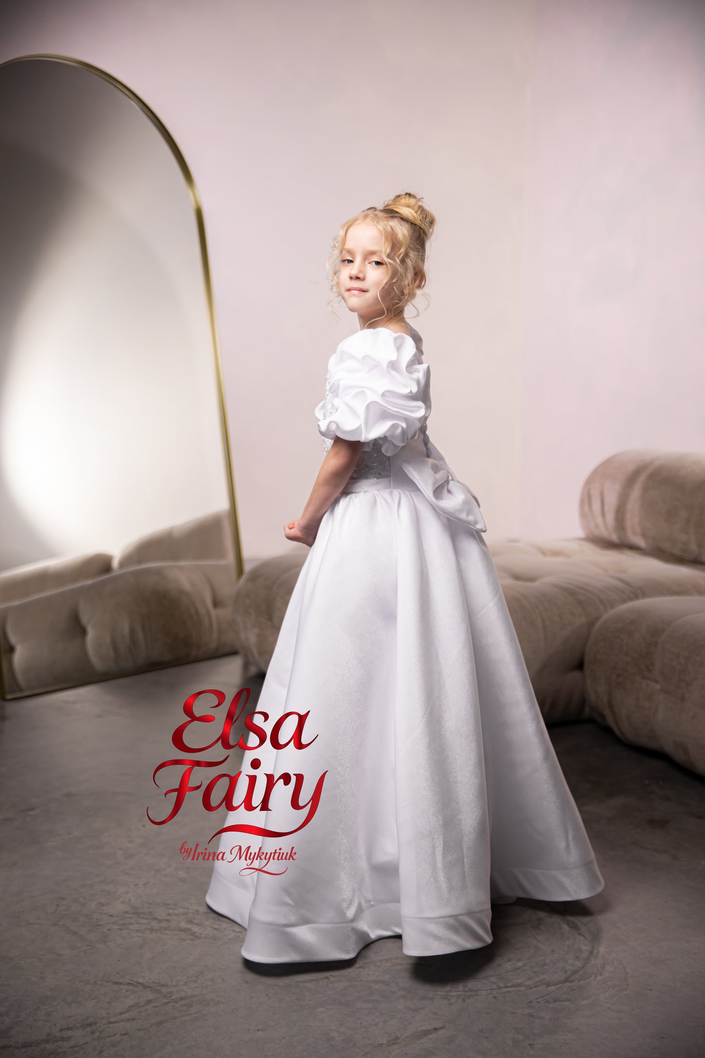 White Satin First Communion Dress: Handmade Baptism Gown with satin skirt and laced bodice