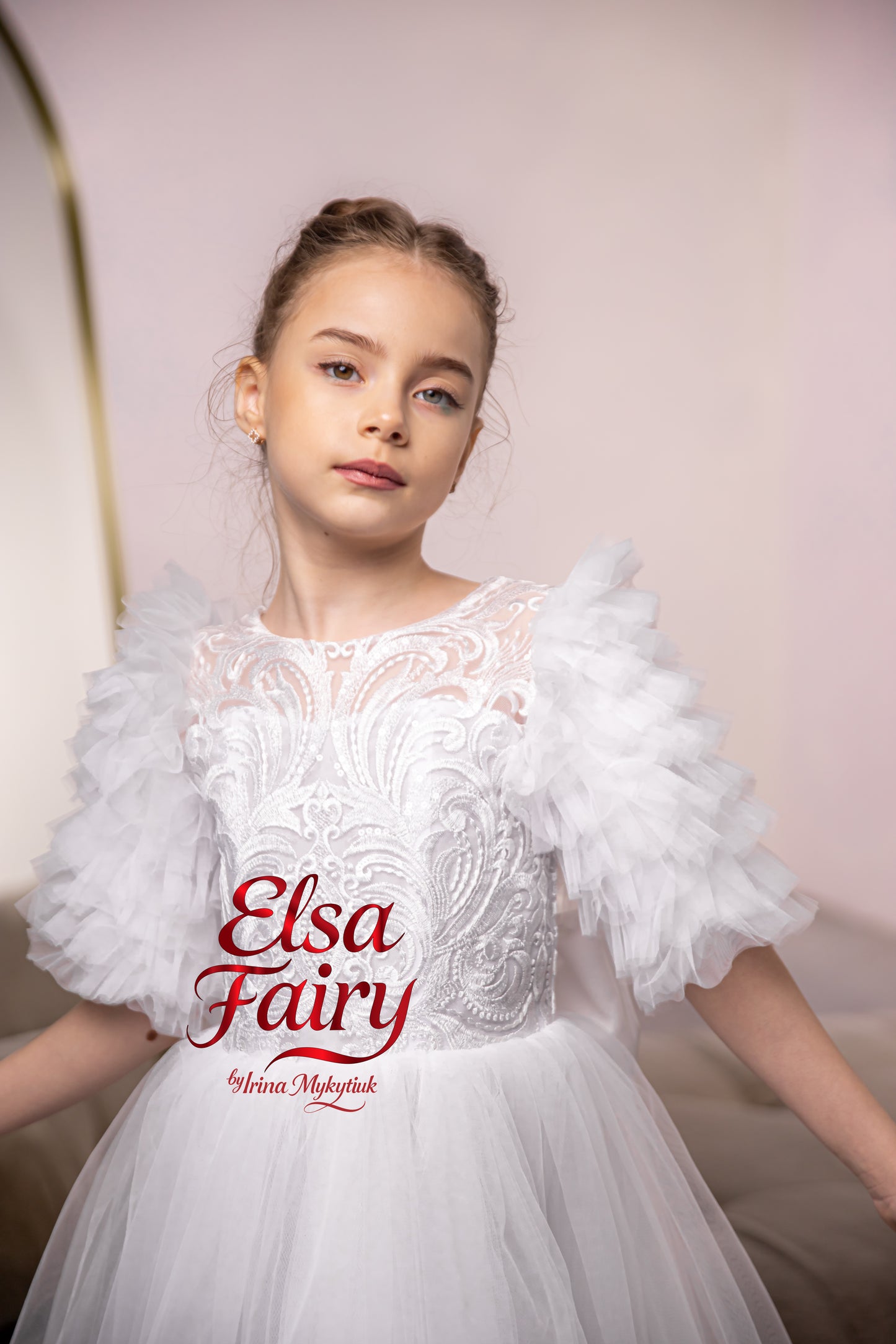 White First Communion Dress: Handmade Baptism Gown with tulle skirt and puffy sleeves