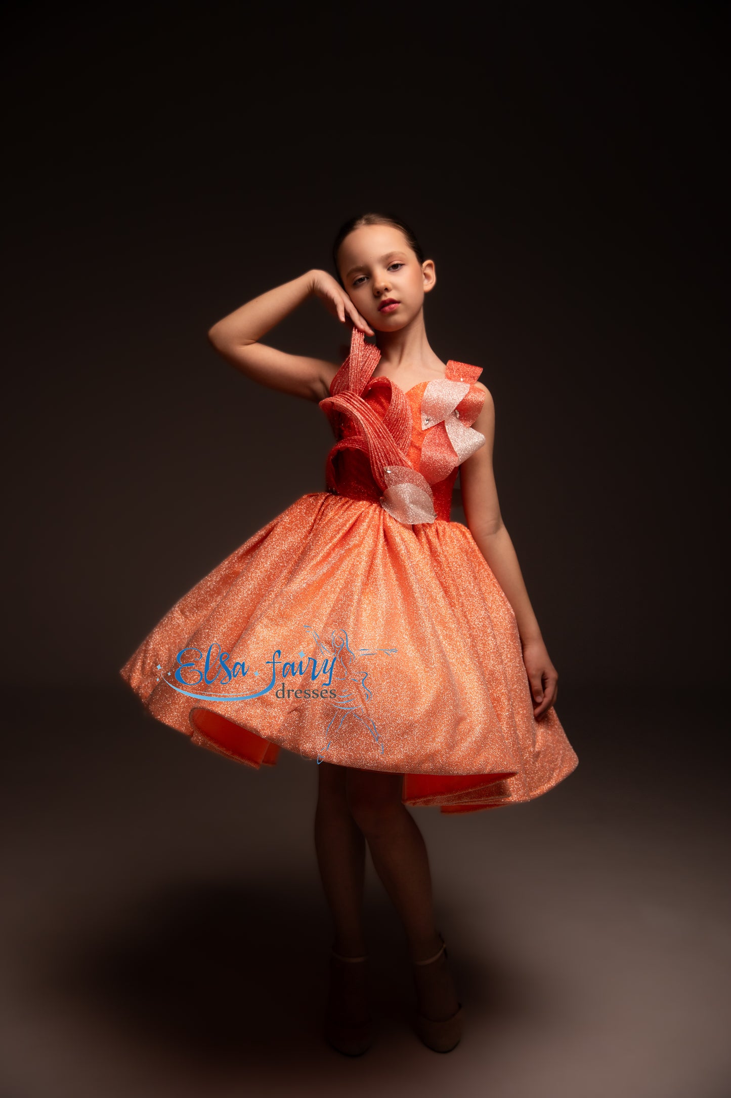 Orange couture special occasion cocktail dress, Pageant ball gown, Birthday Girl Dress, Flower Girl Dress, Wedding guest Dress, junior bridesmaid gown