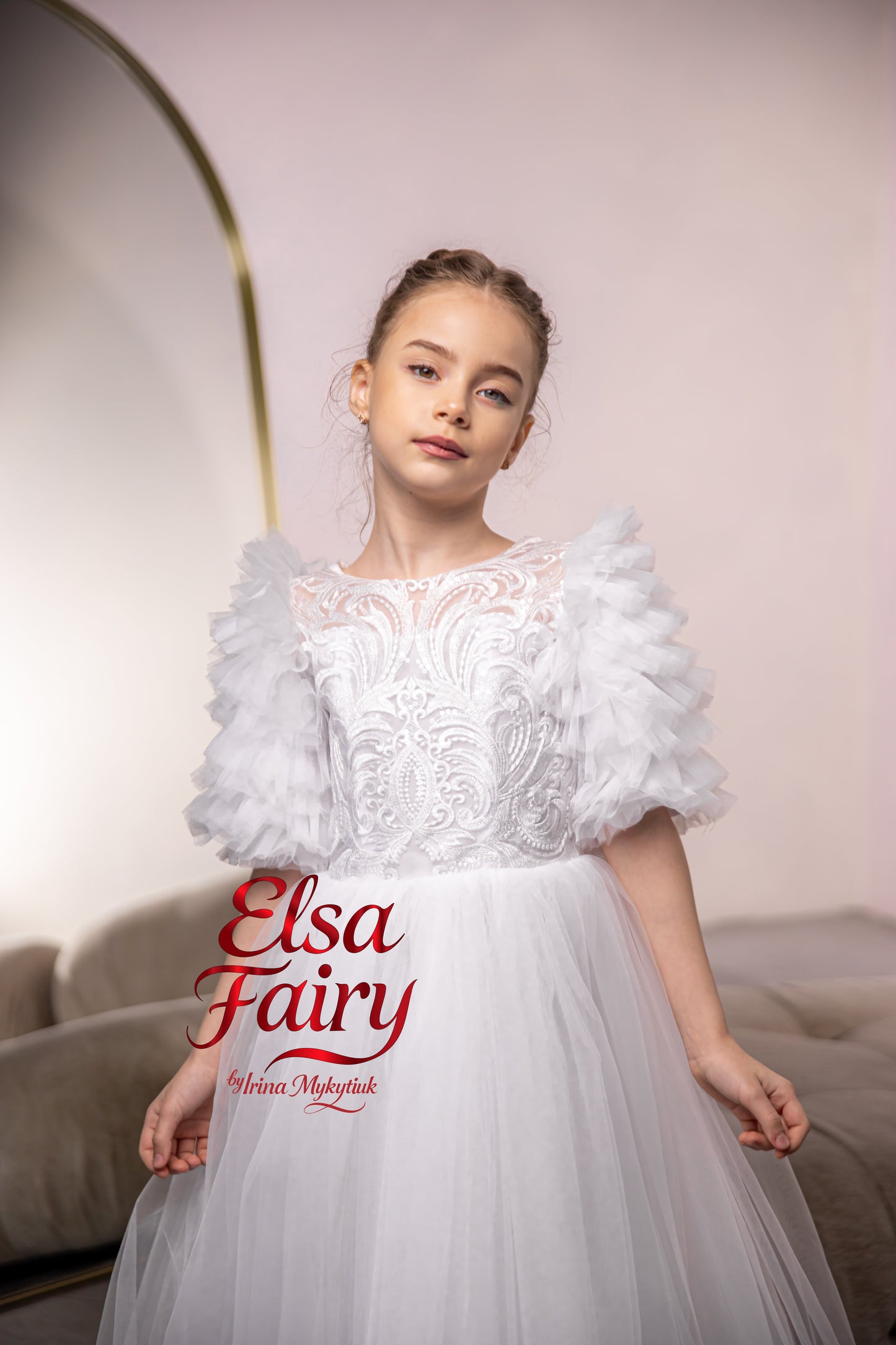 White First Communion Dress: Handmade Baptism Gown with tulle skirt and puffy sleeves