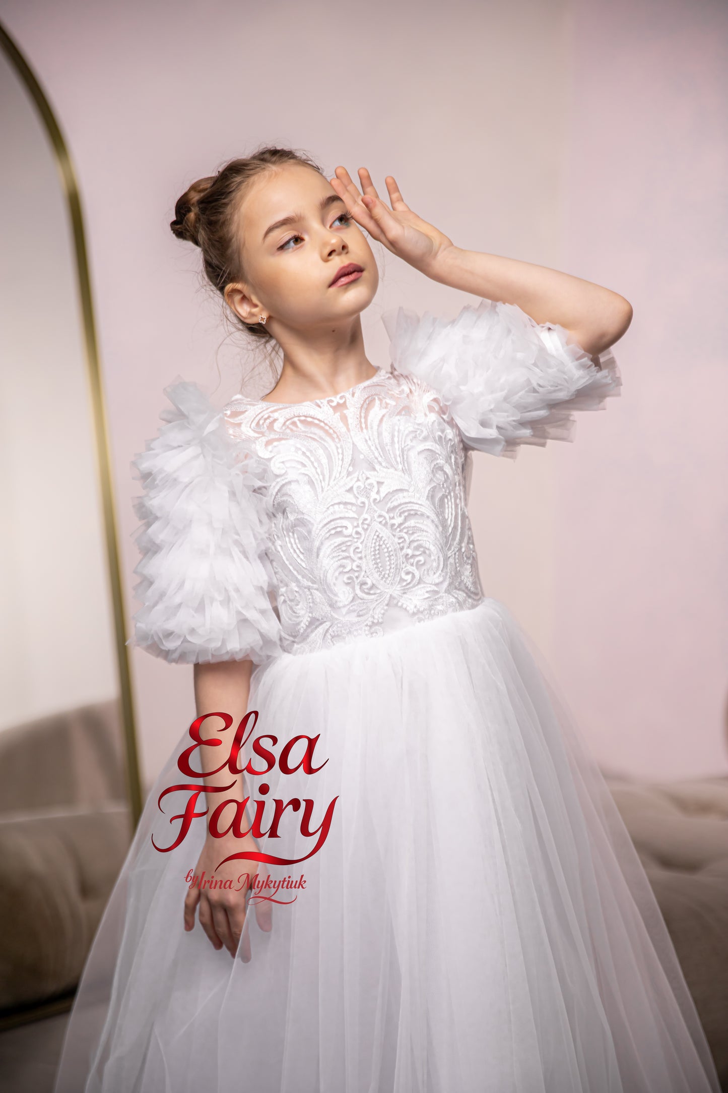 White First Communion Dress: Handmade Baptism Gown with tulle skirt and puffy sleeves