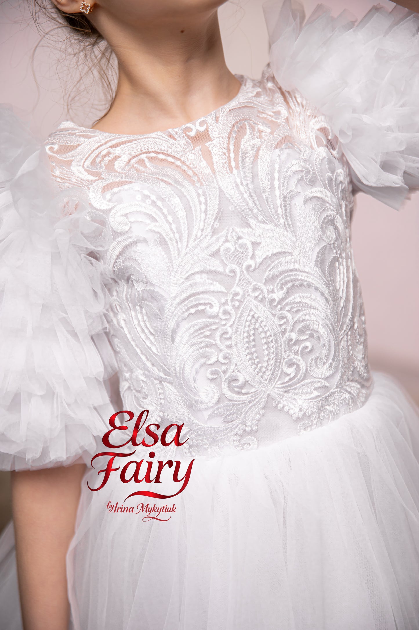 White First Communion Dress: Handmade Baptism Gown with tulle skirt and puffy sleeves