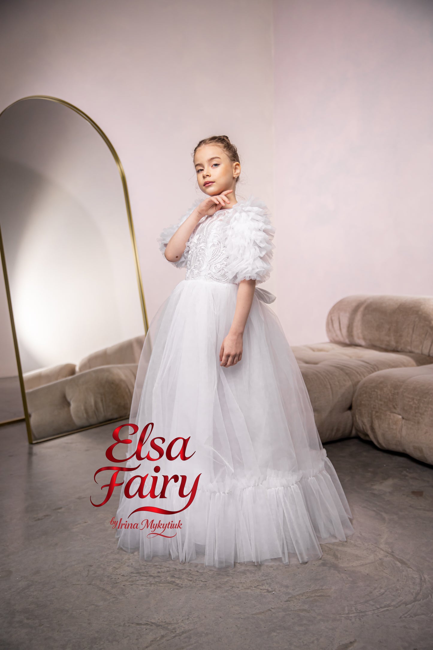 White First Communion Dress: Handmade Baptism Gown with tulle skirt and puffy sleeves