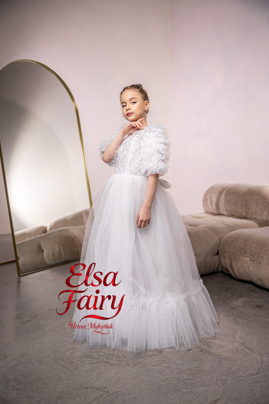 White First Communion Dress: Handmade Baptism Gown with tulle skirt and puffy sleeves