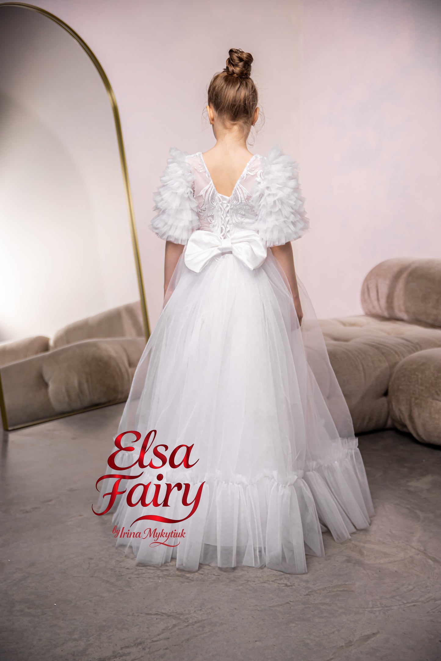 White First Communion Dress: Handmade Baptism Gown with tulle skirt and puffy sleeves