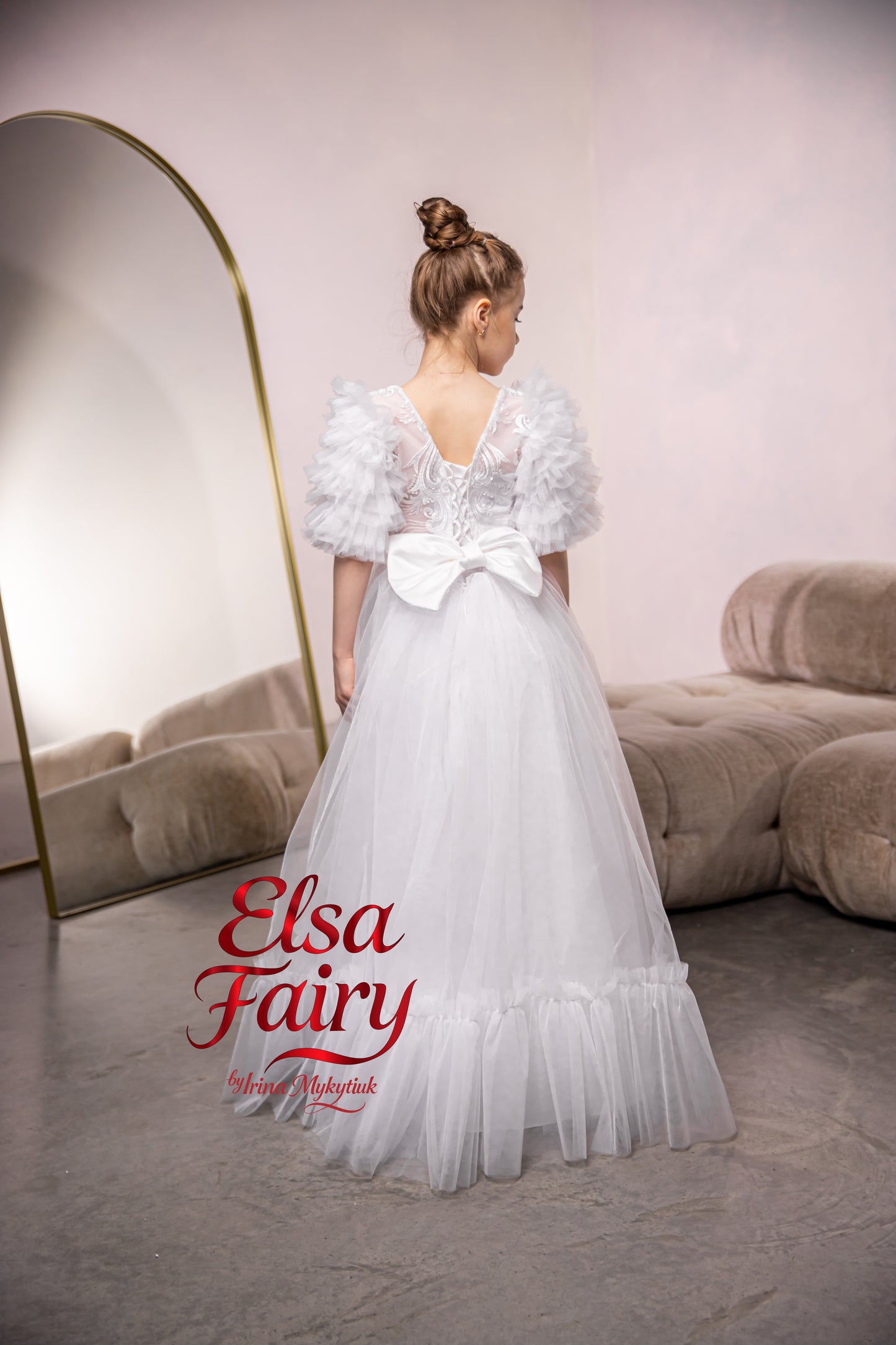 White First Communion Dress: Handmade Baptism Gown with tulle skirt and puffy sleeves