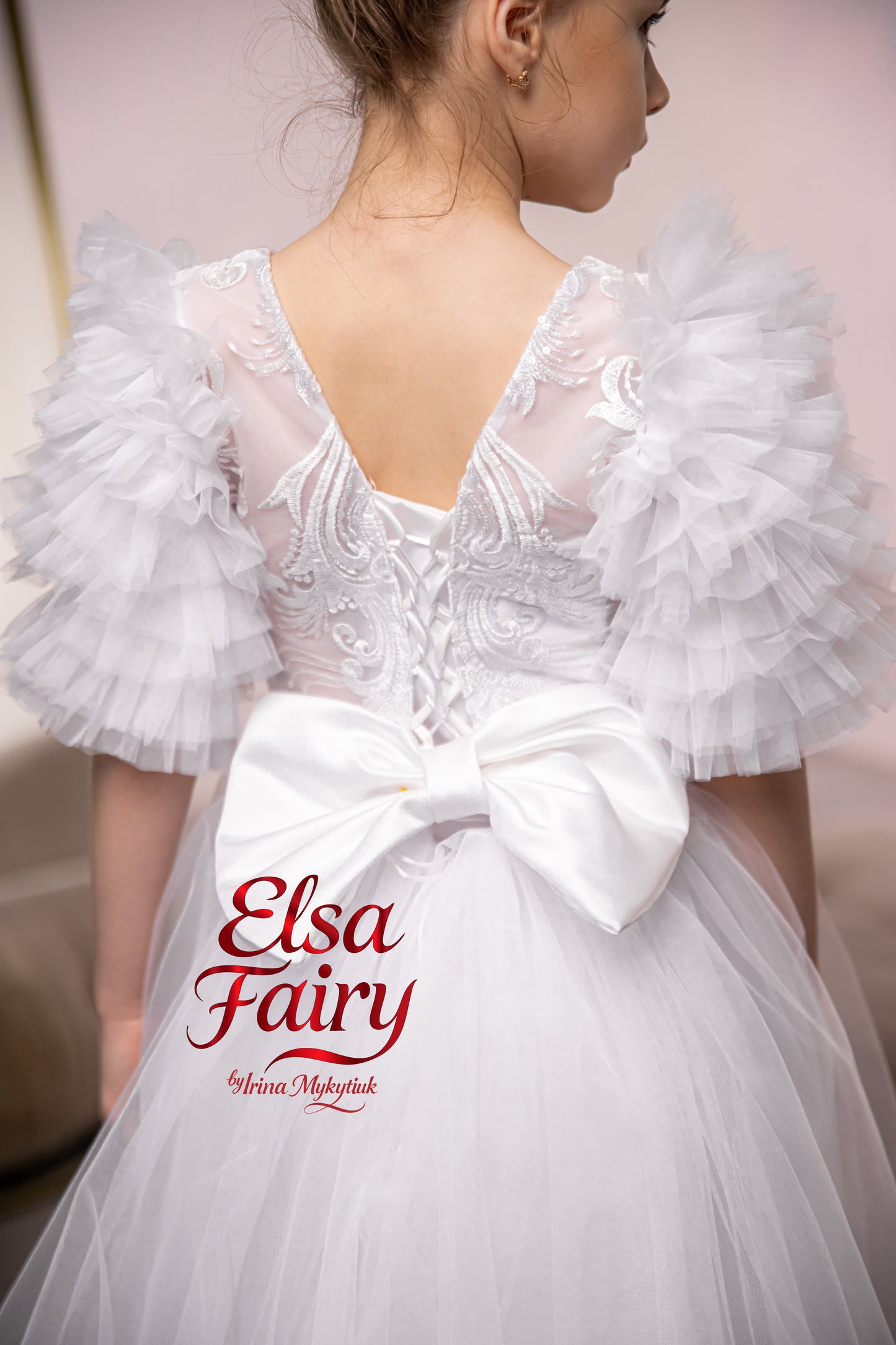White First Communion Dress: Handmade Baptism Gown with tulle skirt and puffy sleeves