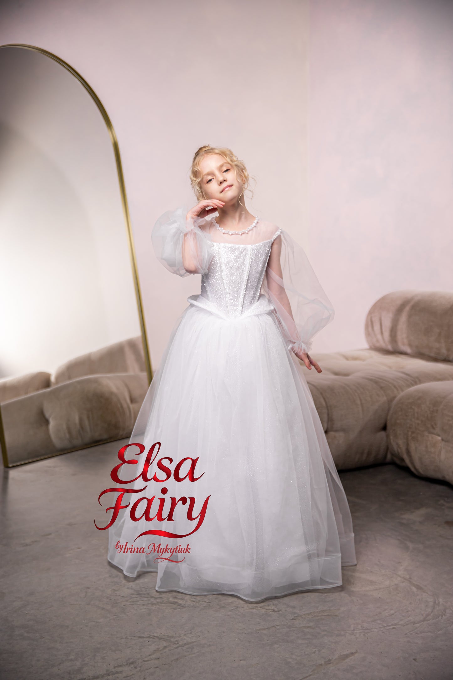 White First Communion Dress: Handmade Baptism Gown with tulle skirt and puffy sleeves