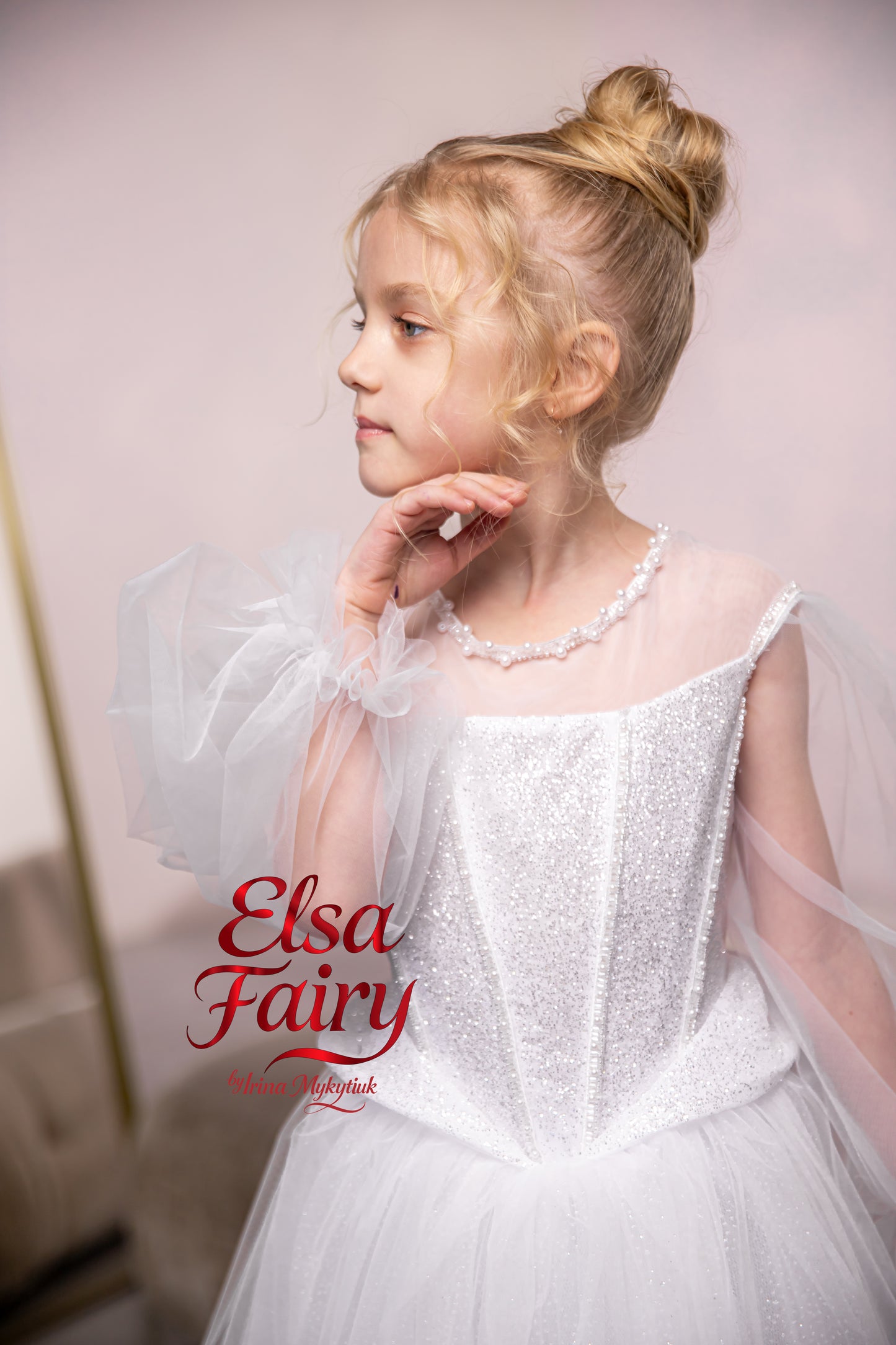 White First Communion Dress: Handmade Baptism Gown with tulle skirt and puffy sleeves
