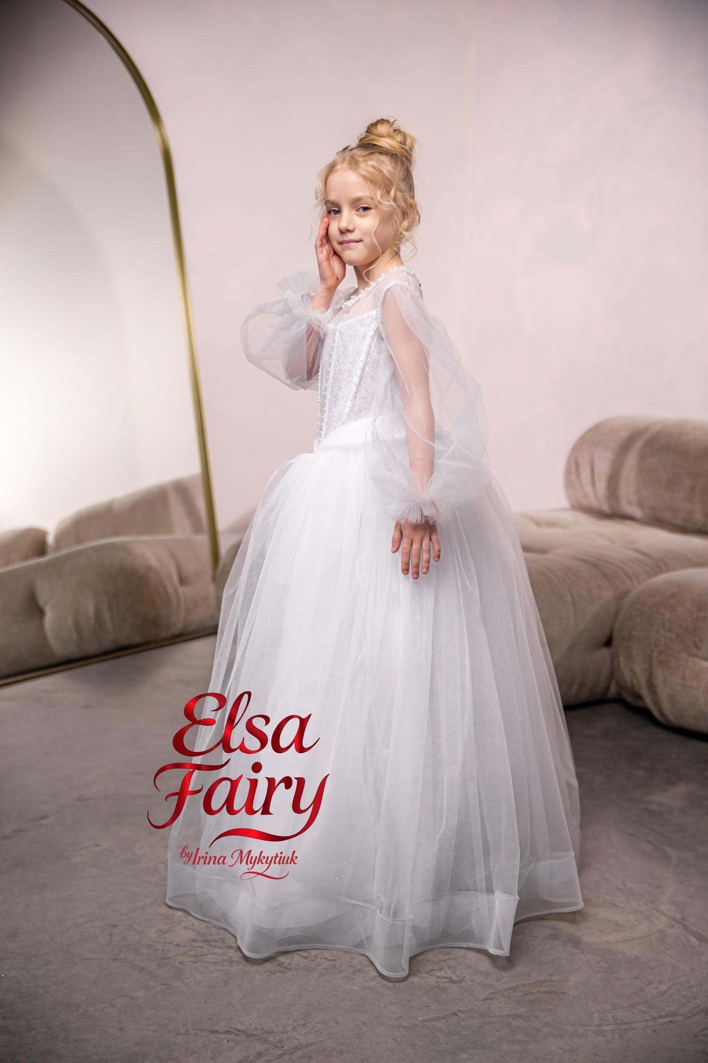 White First Communion Dress: Handmade Baptism Gown with tulle skirt and puffy sleeves